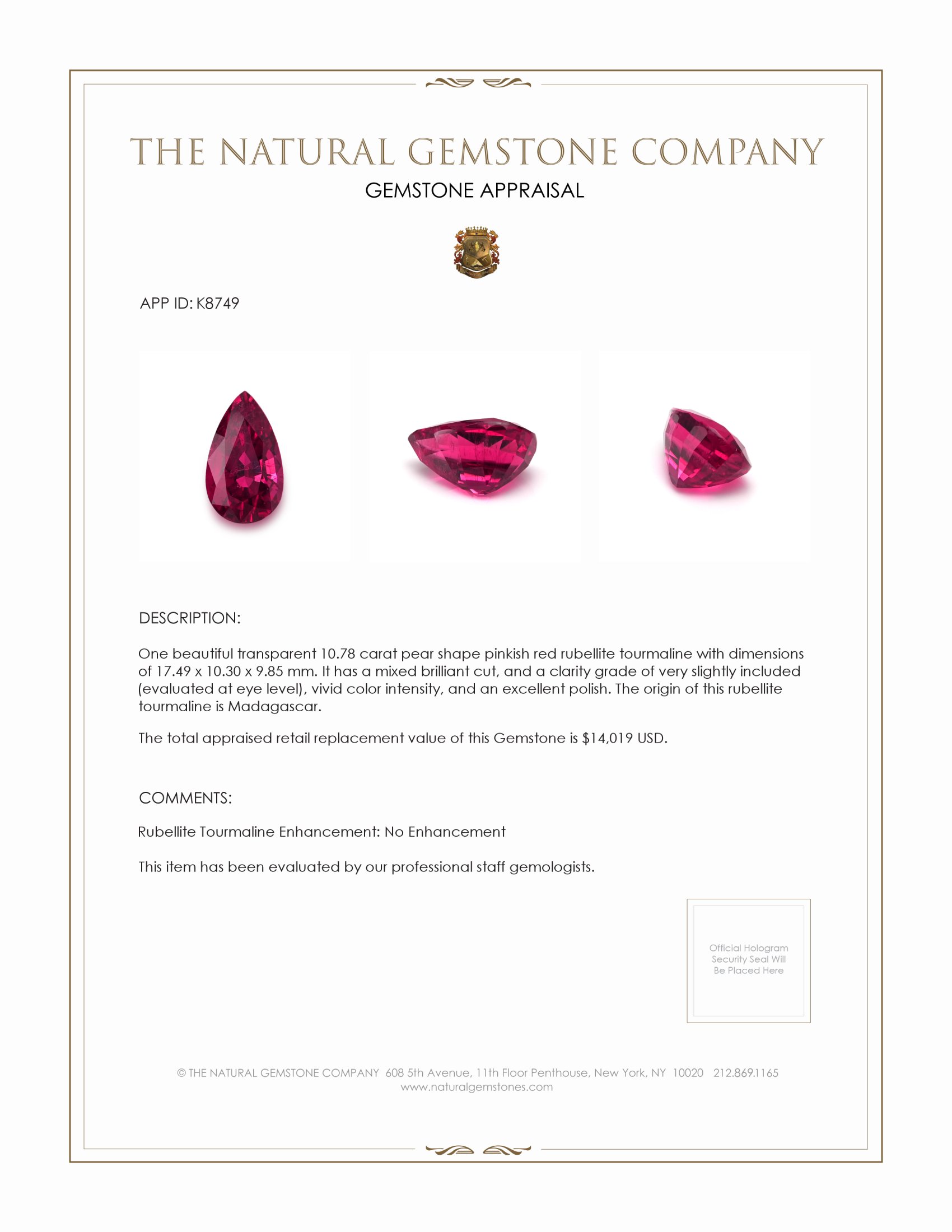10.78 Ct. Rubellite Tourmaline from Madagascar