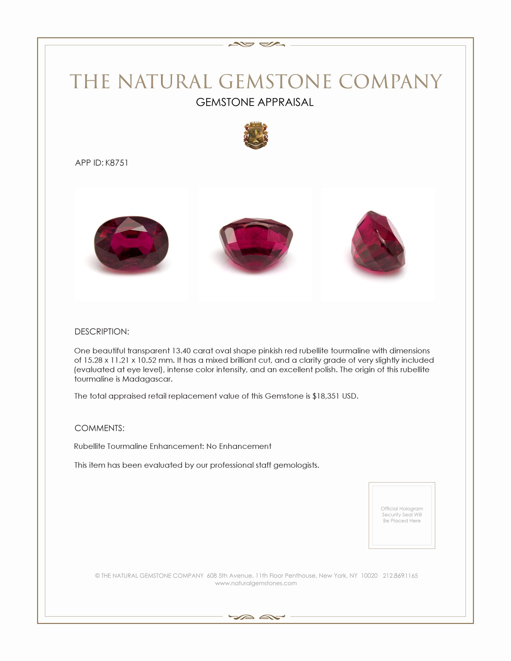 13.40 Ct. Rubellite Tourmaline from Madagascar