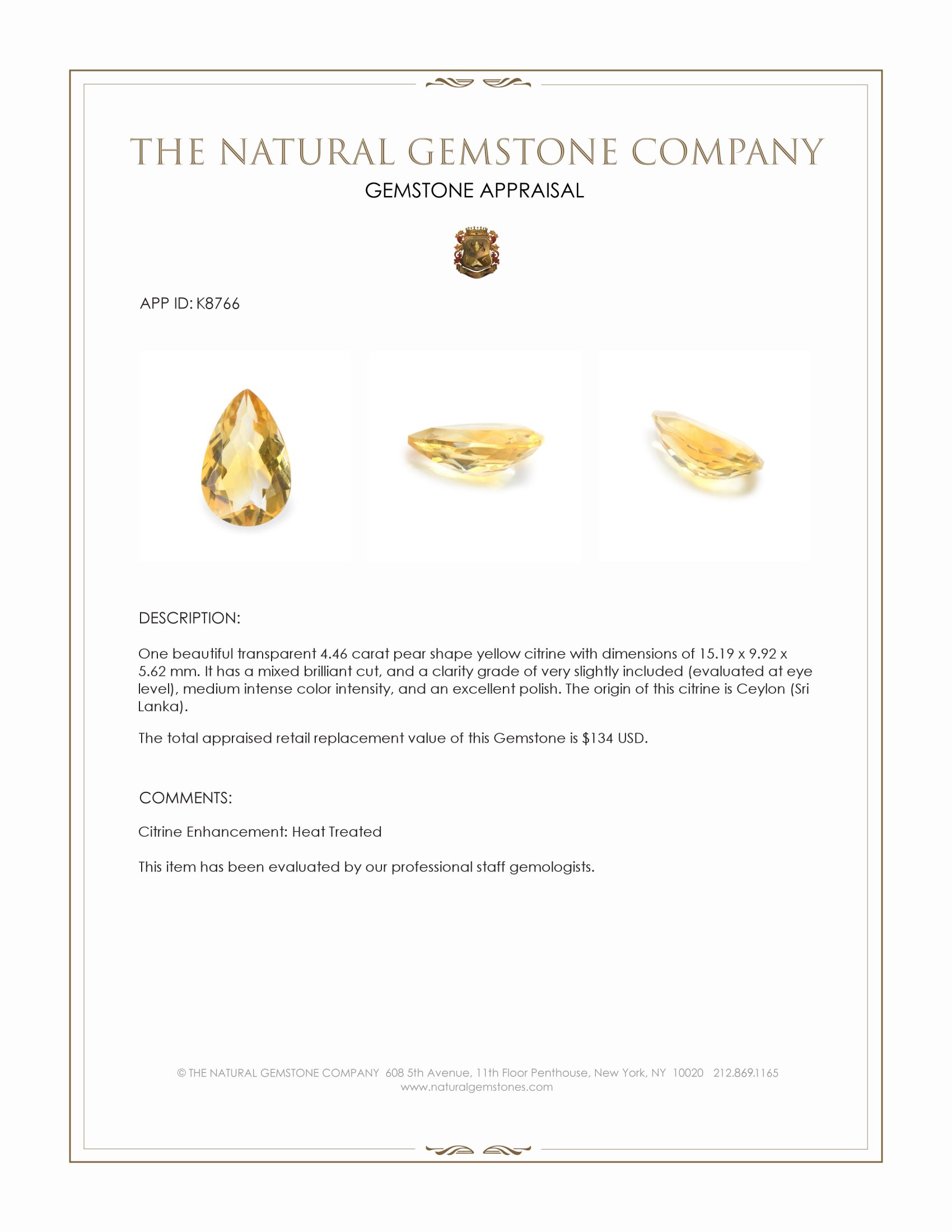 4.46 Ct. Citrine from Ceylon (Sri Lanka)