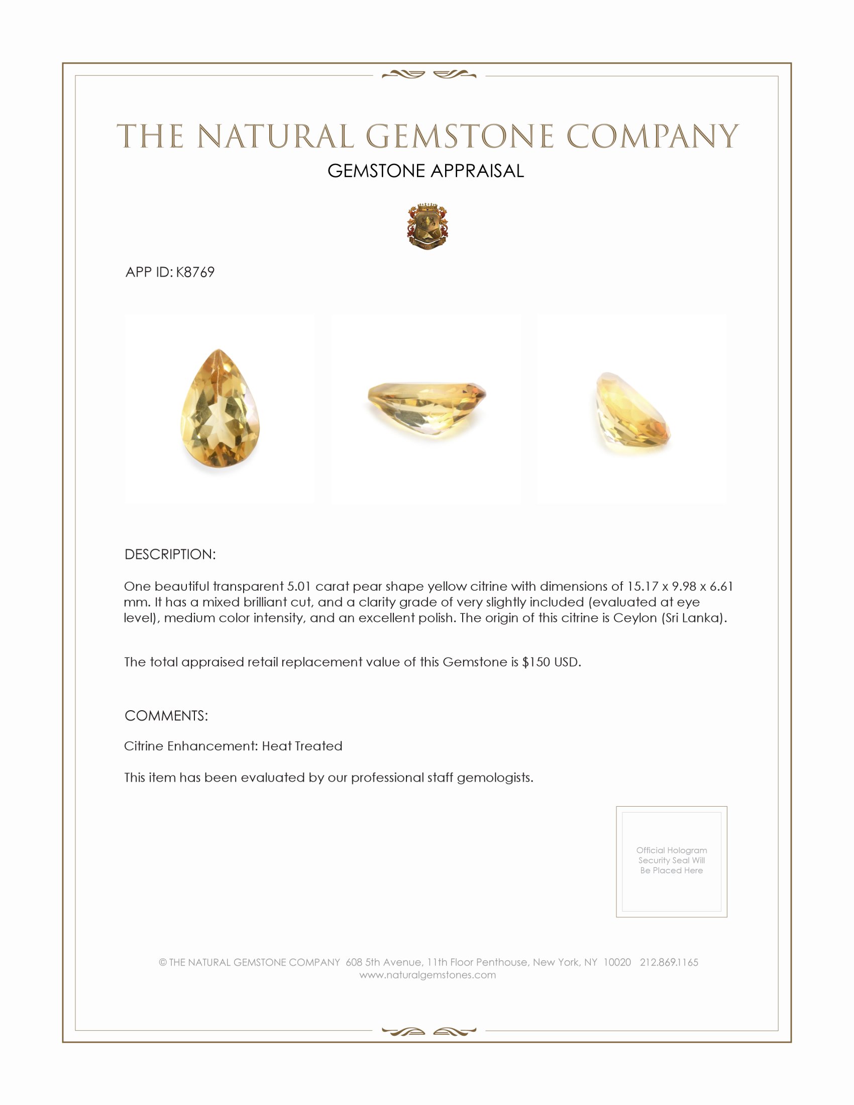 5.01 Ct. Citrine from Ceylon (Sri Lanka)