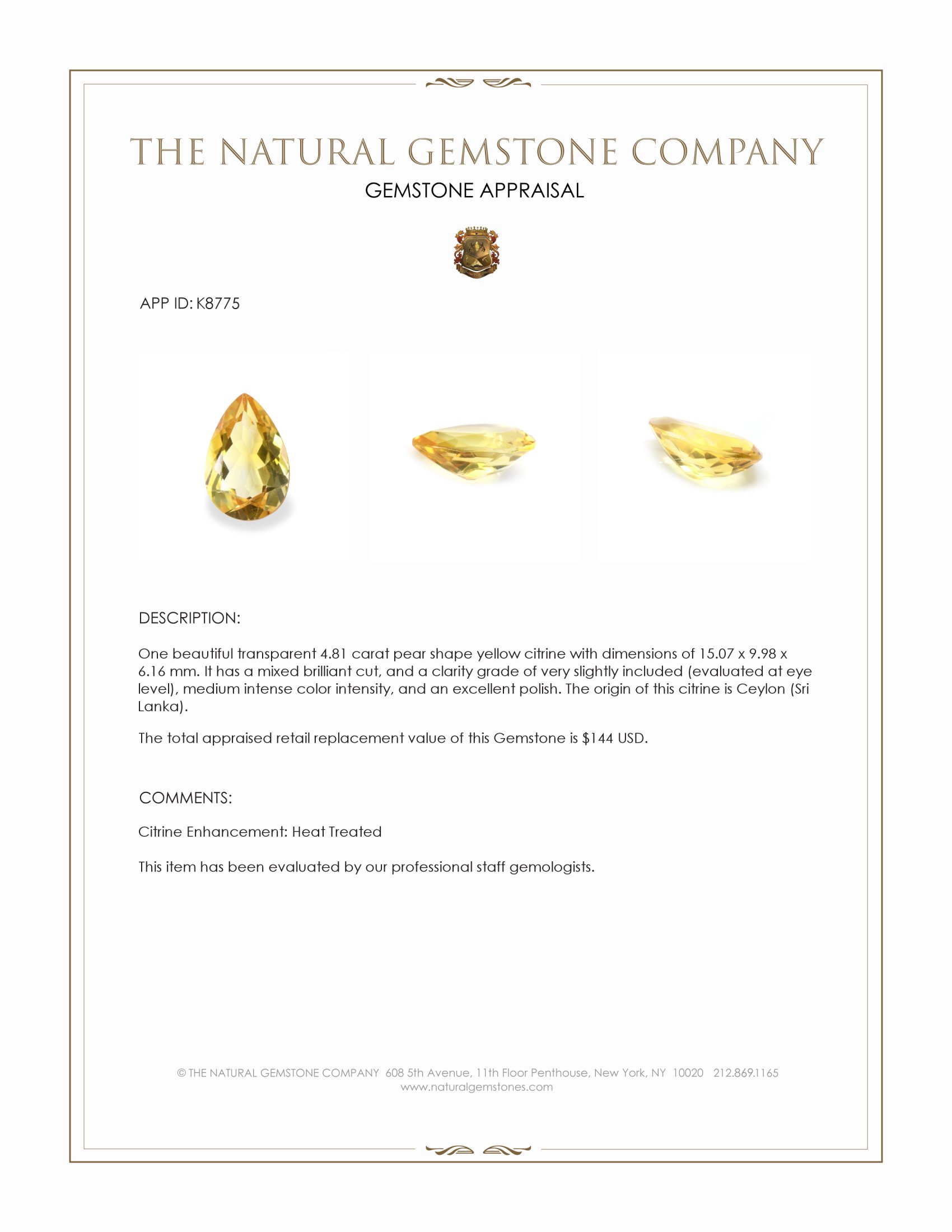 4.81 Ct. Yellow Citrine from Ceylon (Sri Lanka)