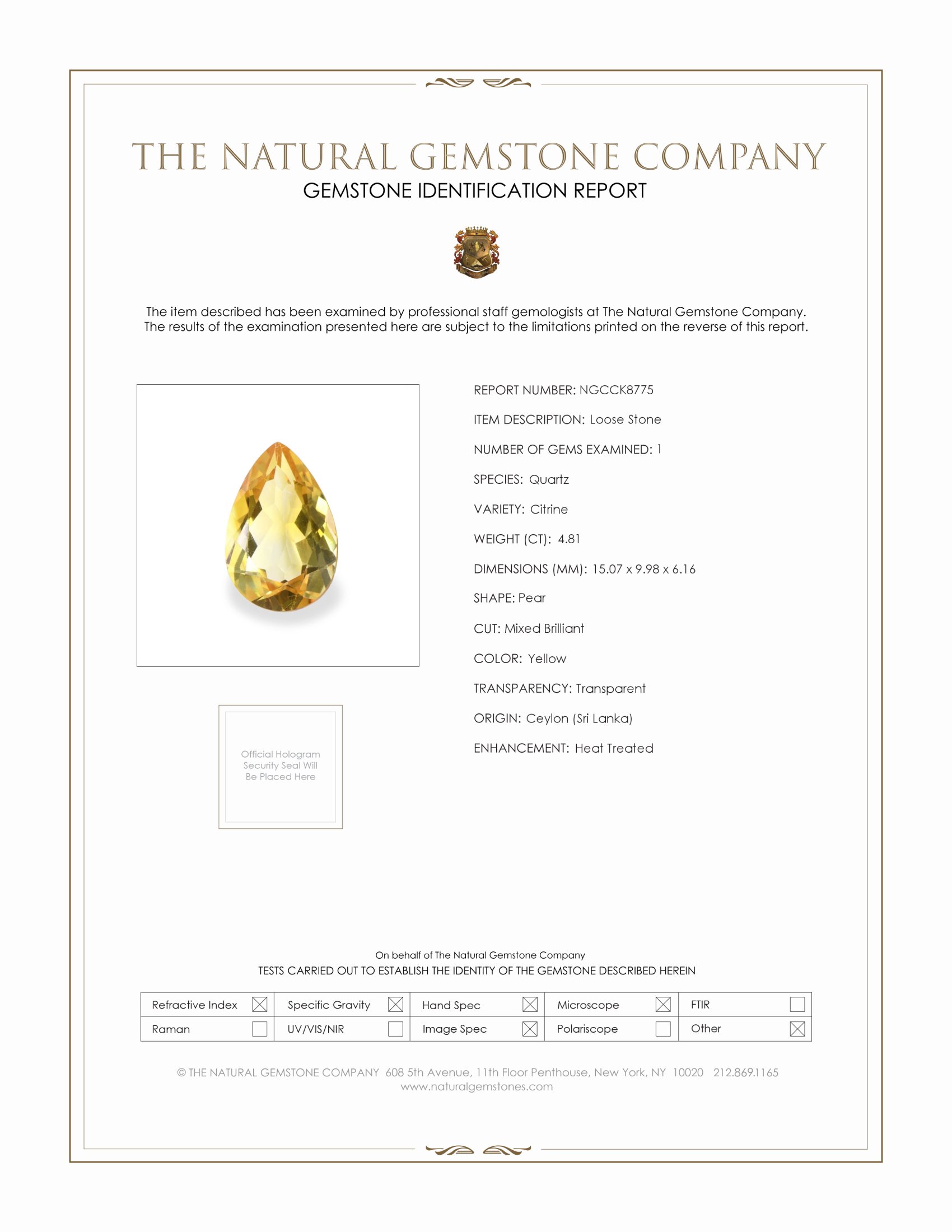 4.81 Ct. Yellow Citrine from Ceylon (Sri Lanka)