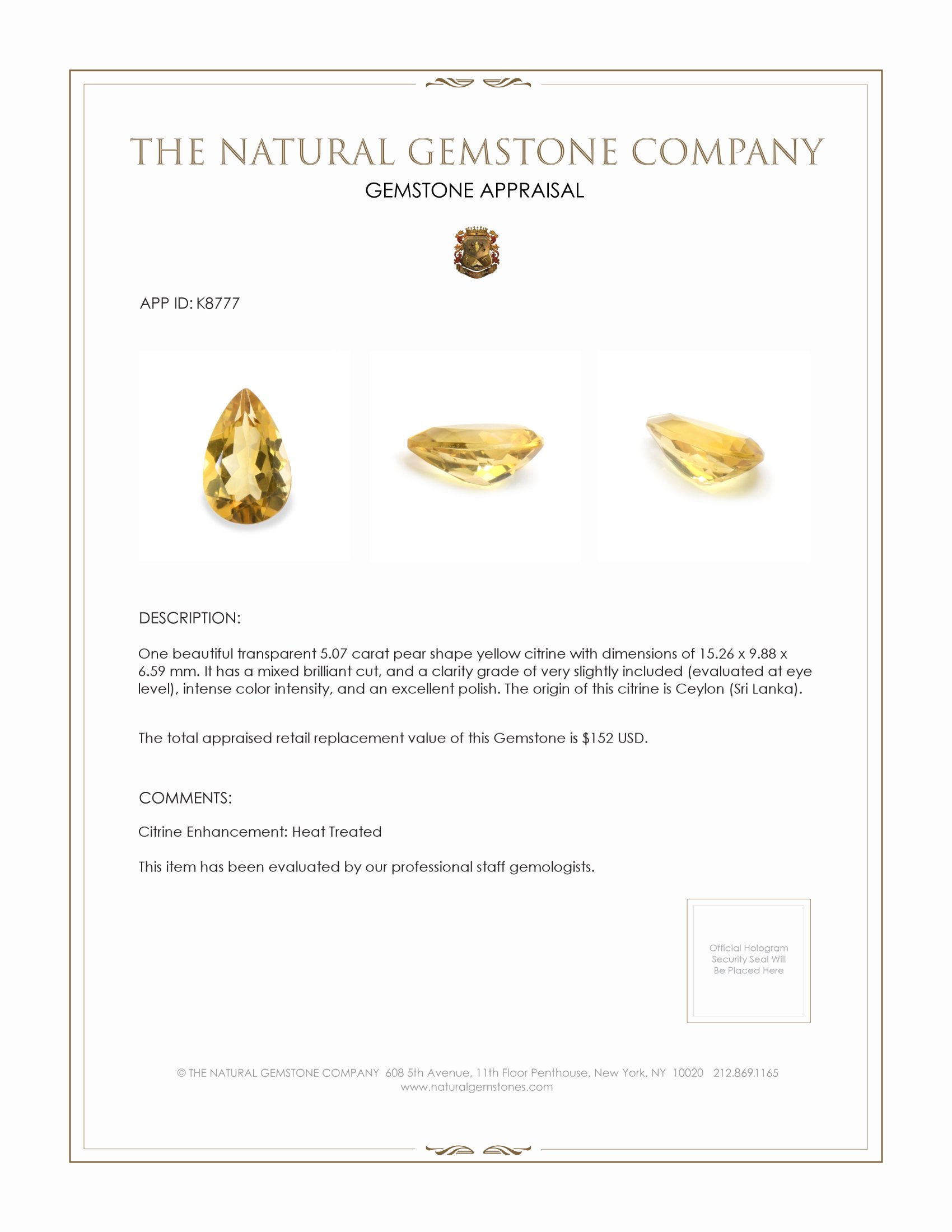 5.07 Ct. Citrine from Ceylon (Sri Lanka)