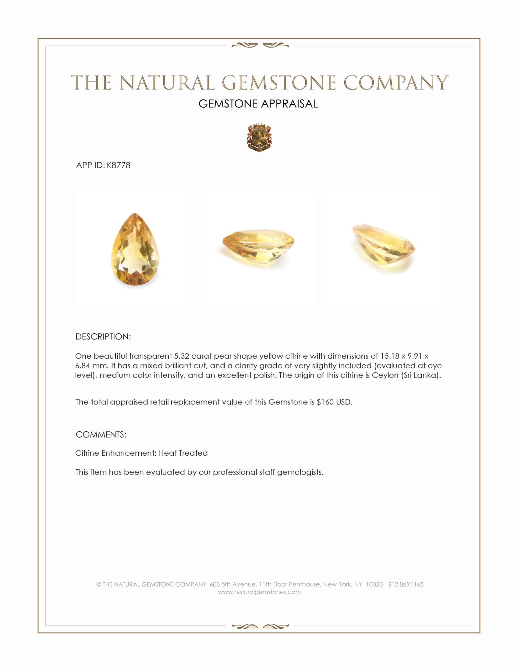 5.32 Ct. Yellow Citrine from Ceylon (Sri Lanka)