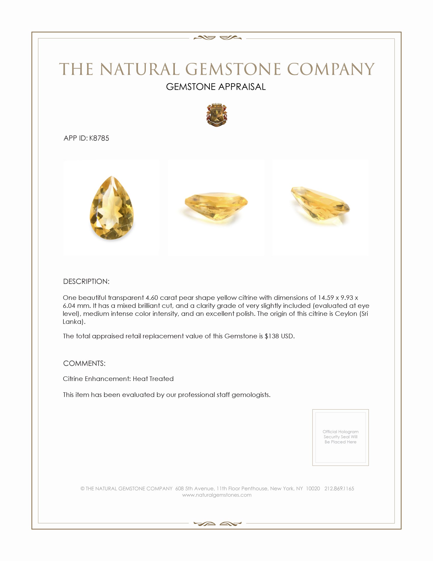 4.60 Ct. Citrine from Ceylon (Sri Lanka)