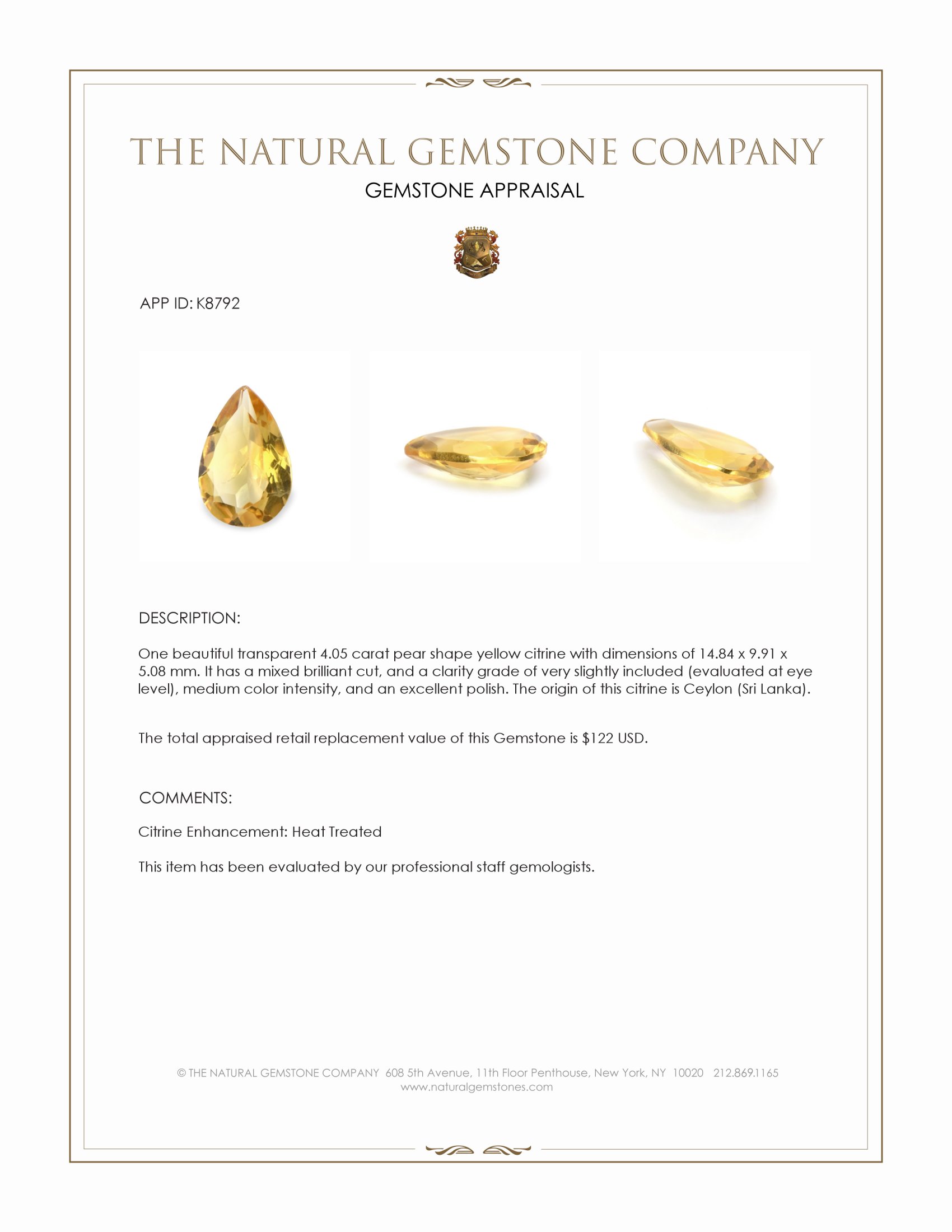 4.05 Ct. Yellow Citrine from Ceylon (Sri Lanka)