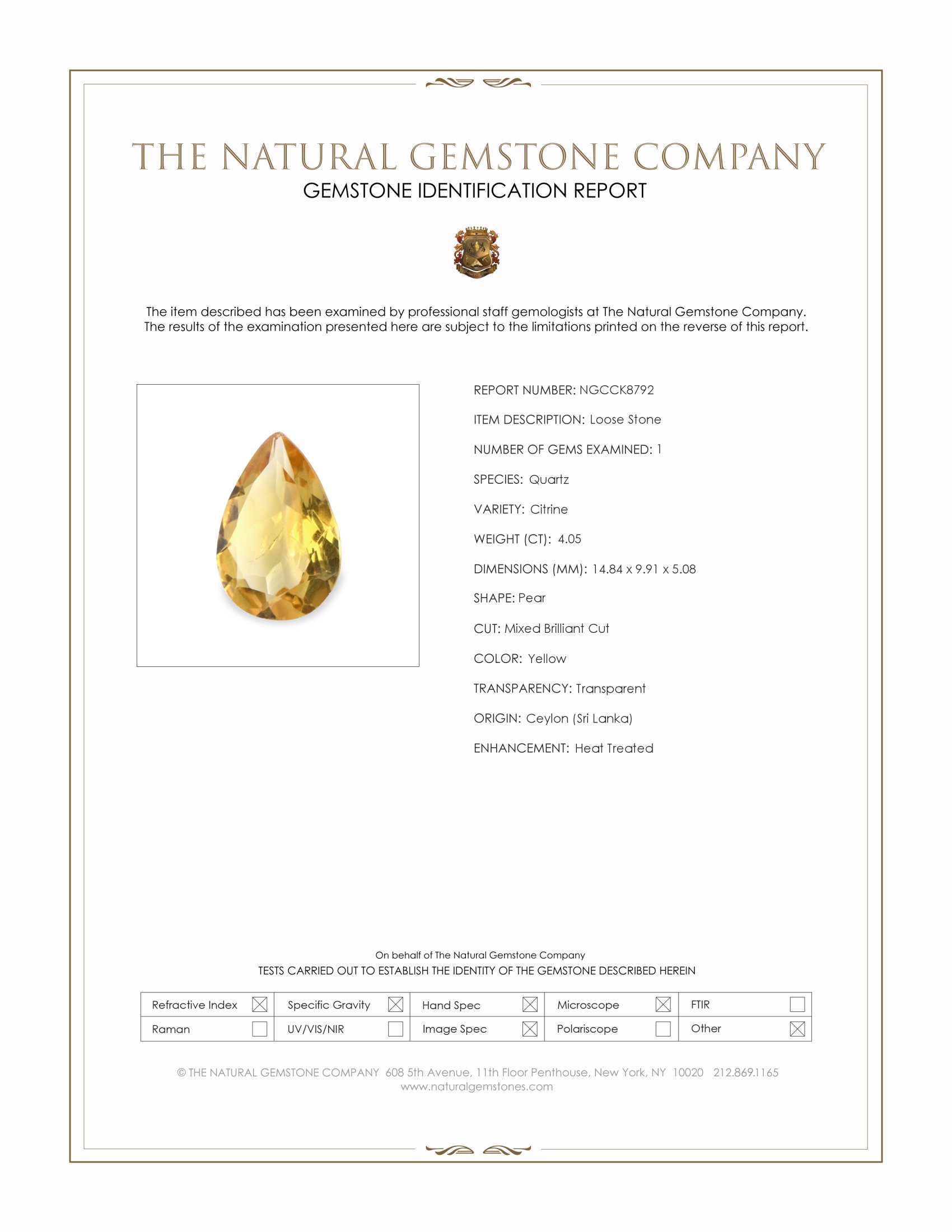 4.05 Ct. Yellow Citrine from Ceylon (Sri Lanka)