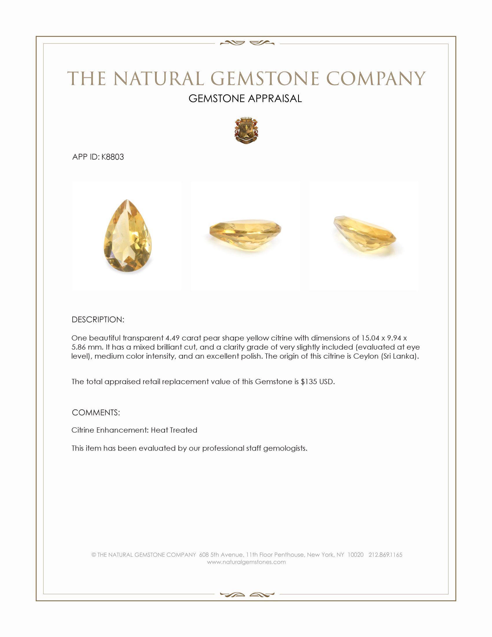 4.49 Ct. Citrine from Ceylon (Sri Lanka)