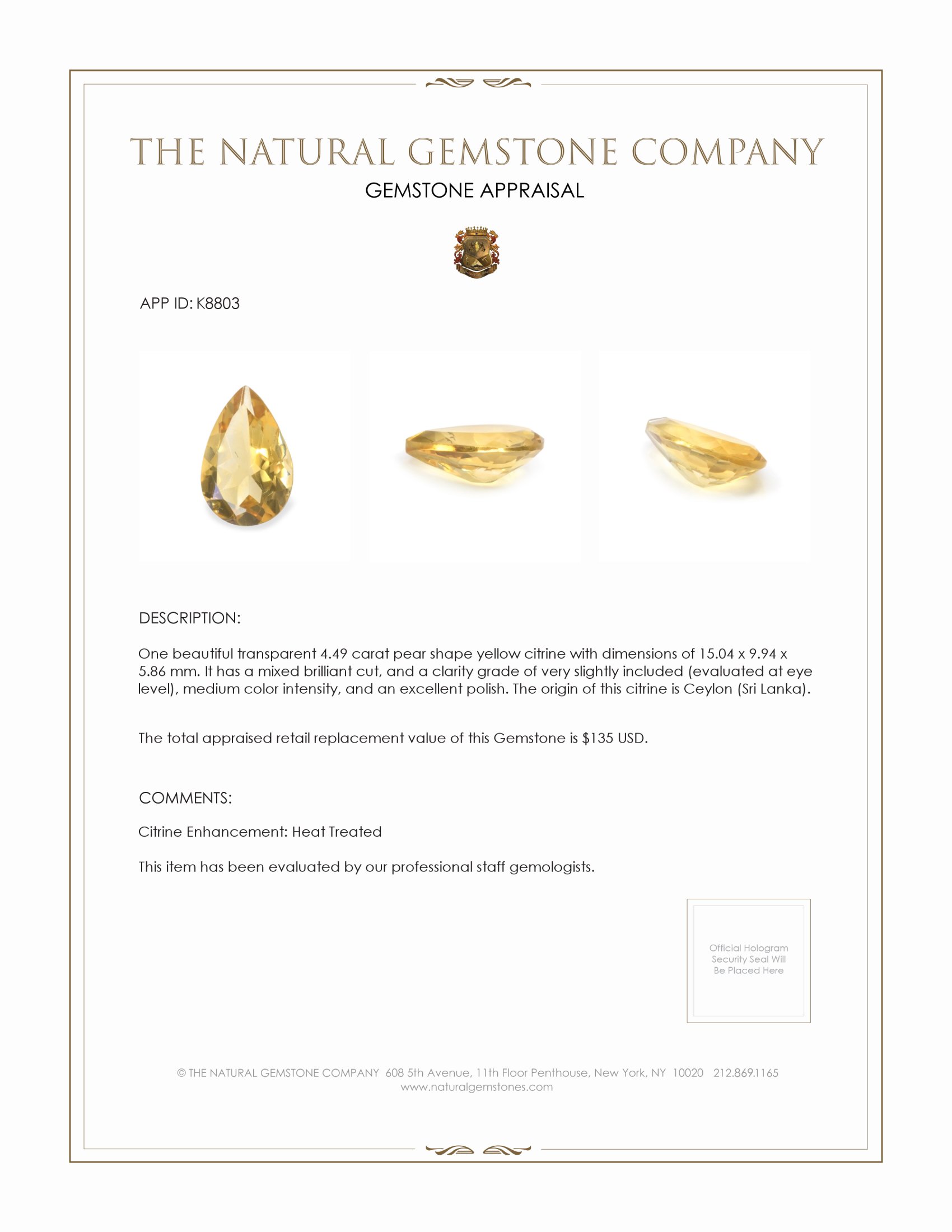 4.49 Ct. Citrine from Ceylon (Sri Lanka)