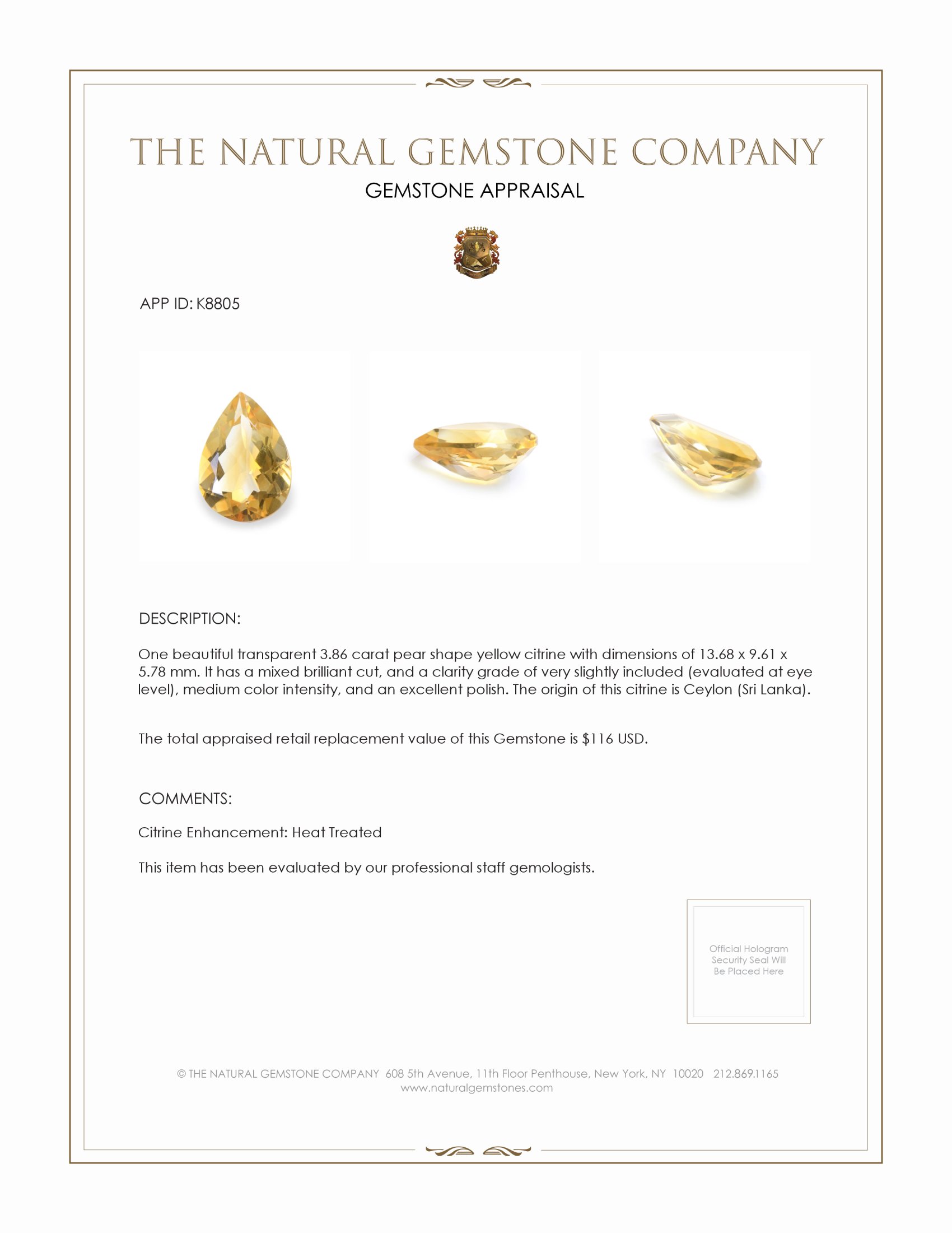 3.86 Ct. Citrine from Ceylon (Sri Lanka)