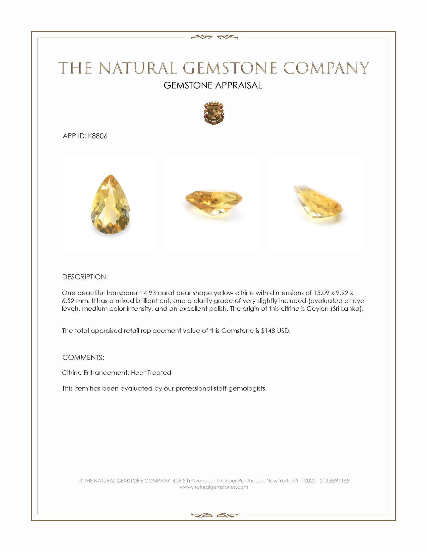 4.93 Ct. Yellow Citrine from Ceylon (Sri Lanka)