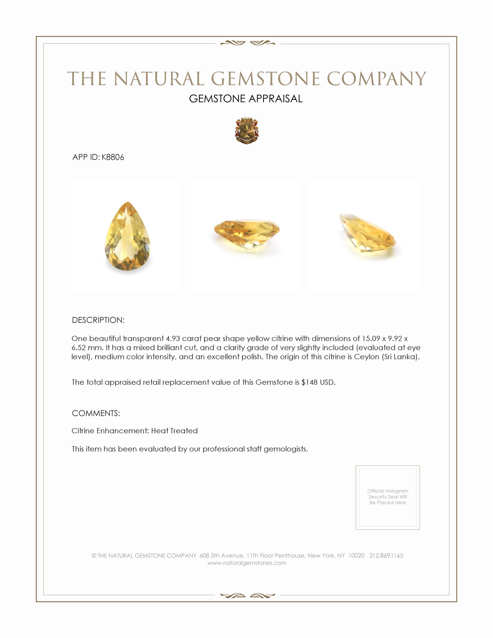 4.93 Ct. Citrine from Ceylon (Sri Lanka)