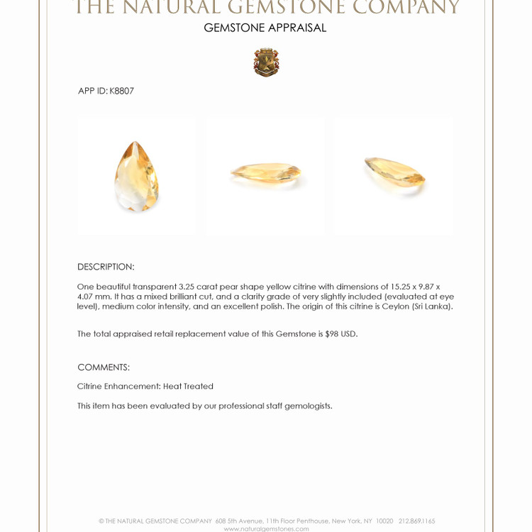 3.25 Ct. Citrine from Ceylon (Sri Lanka)