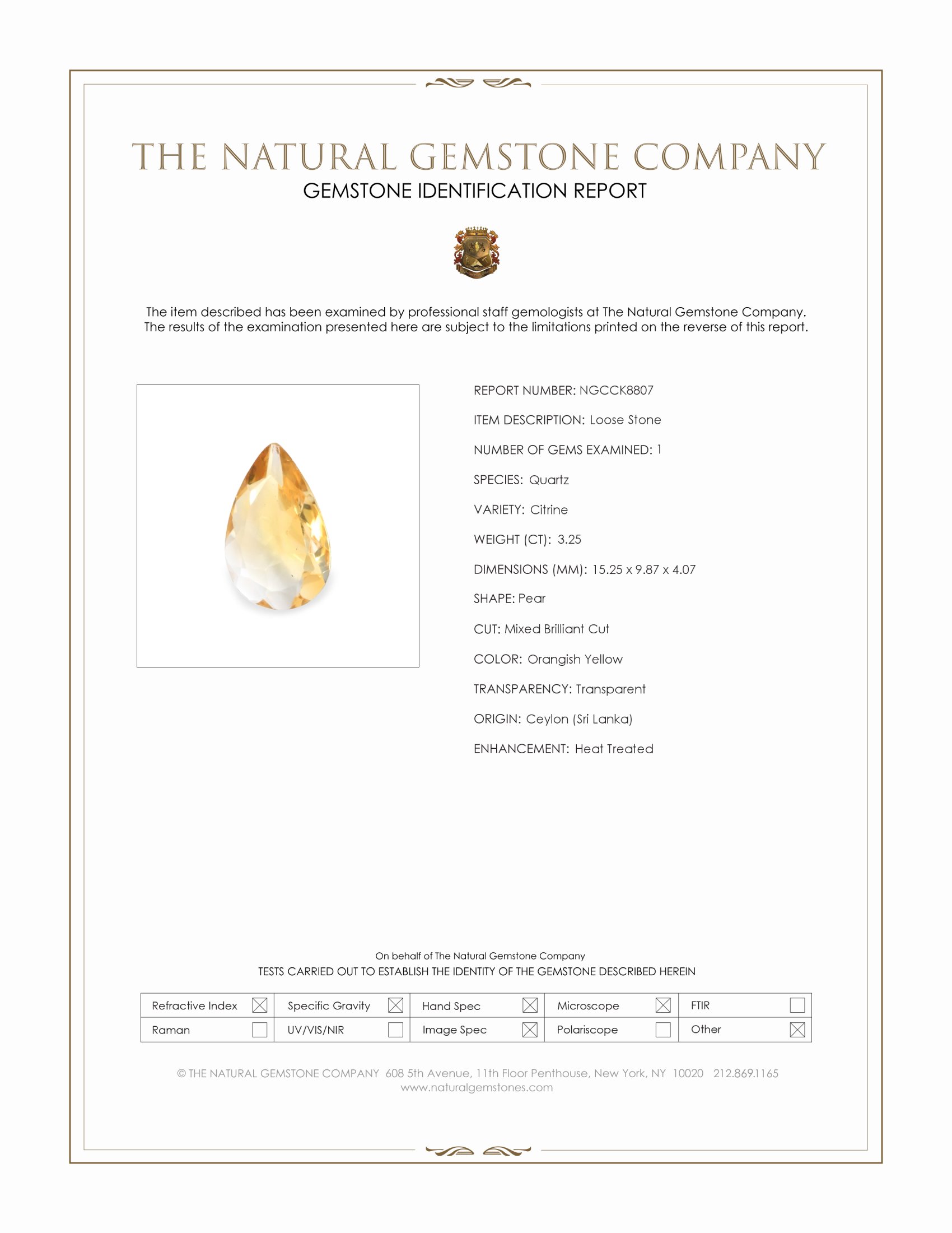 3.25 Ct. Orangish Yellow Citrine from Ceylon (Sri Lanka)