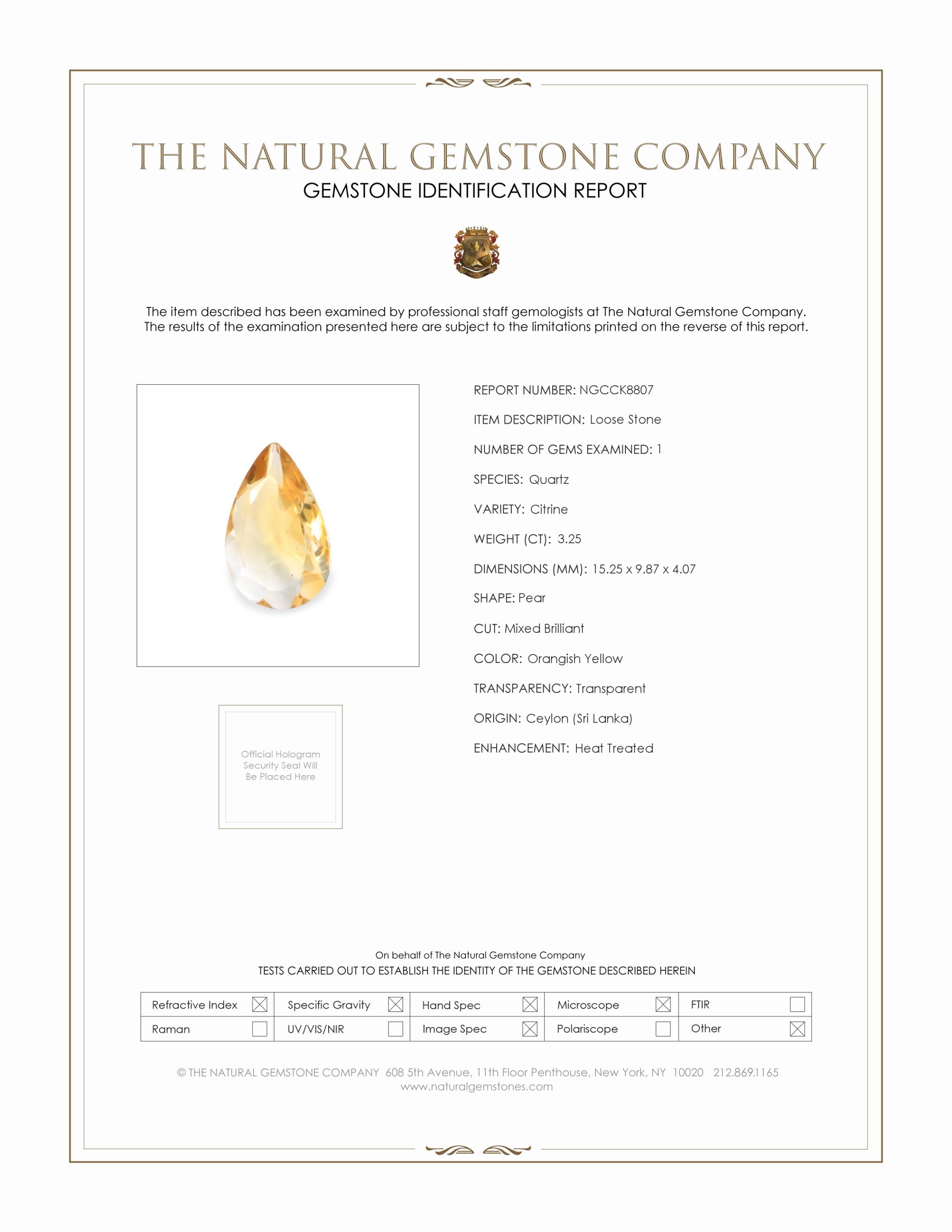 3.25 Ct. Orangish Yellow Citrine from Ceylon (Sri Lanka)