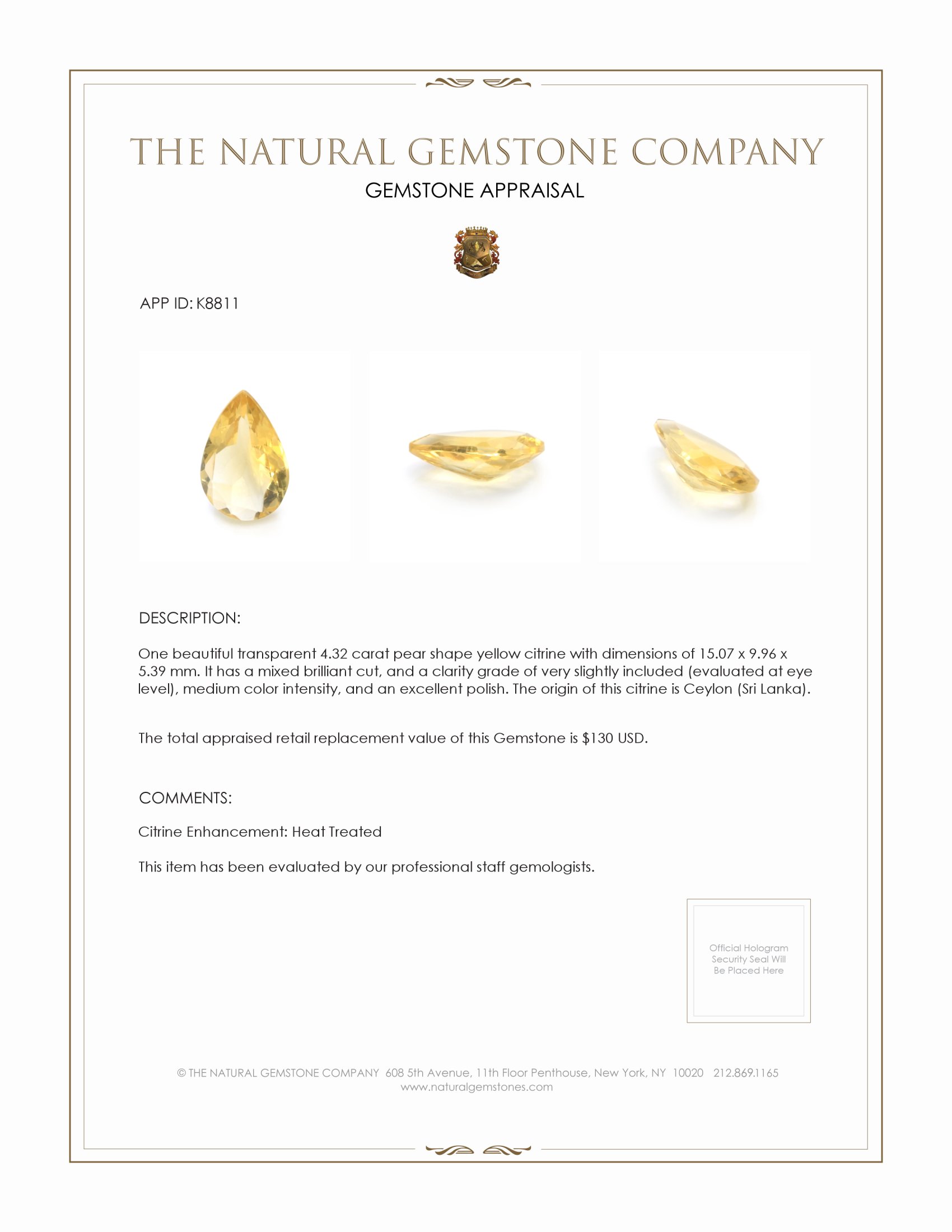 4.32 Ct. Citrine from Ceylon (Sri Lanka)