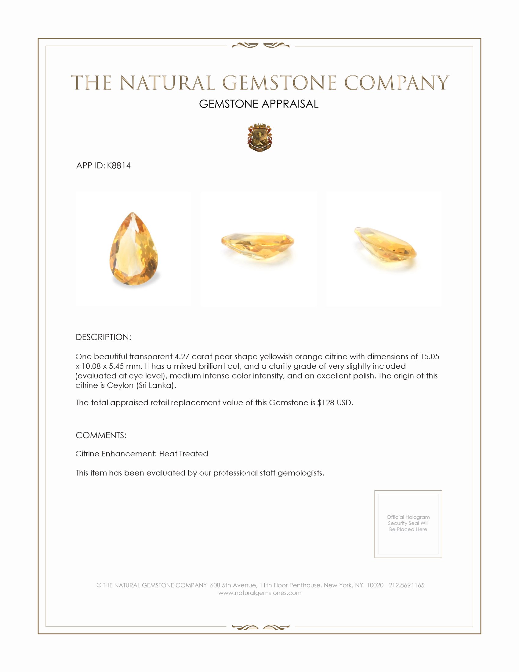 4.27 Ct. Yellowish Orange Citrine from Ceylon (Sri Lanka)