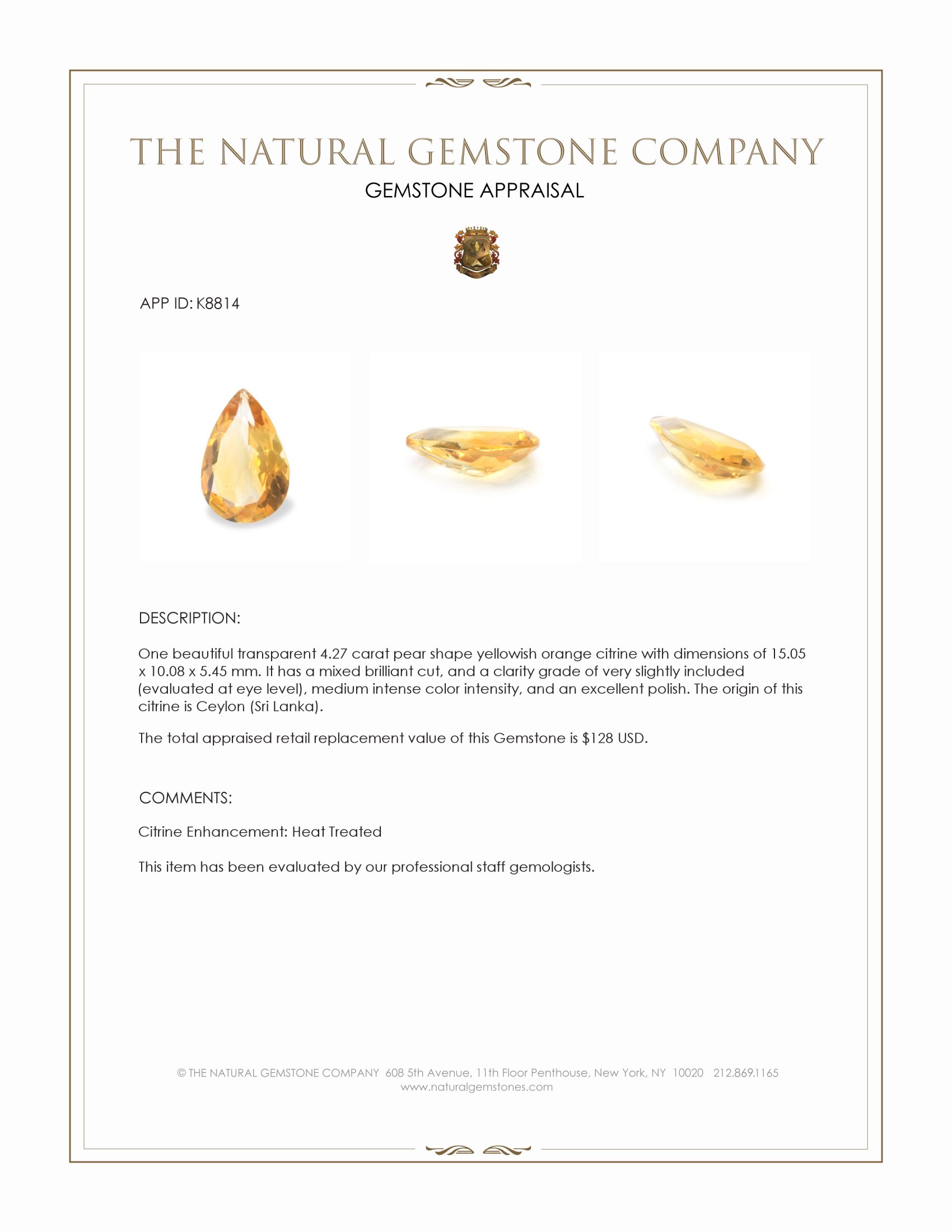 4.27 Ct. Citrine from Ceylon (Sri Lanka)