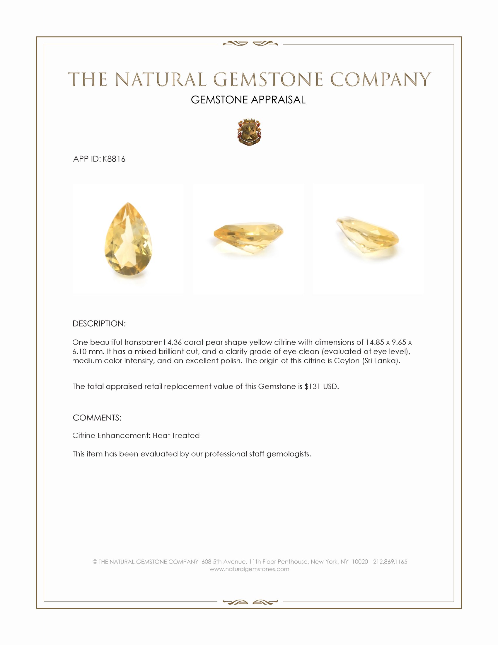 4.36 Ct. Yellow Citrine from Ceylon (Sri Lanka)