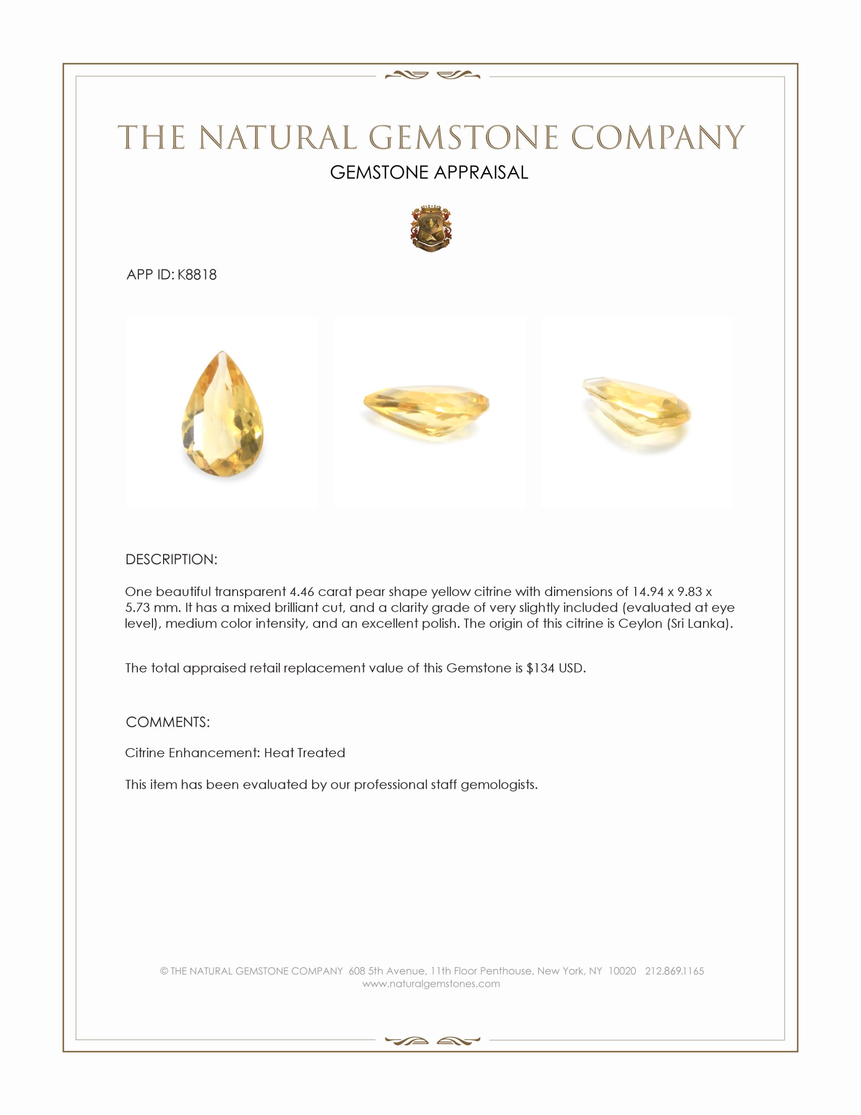 4.46 Ct. Yellow Citrine from Ceylon (Sri Lanka)