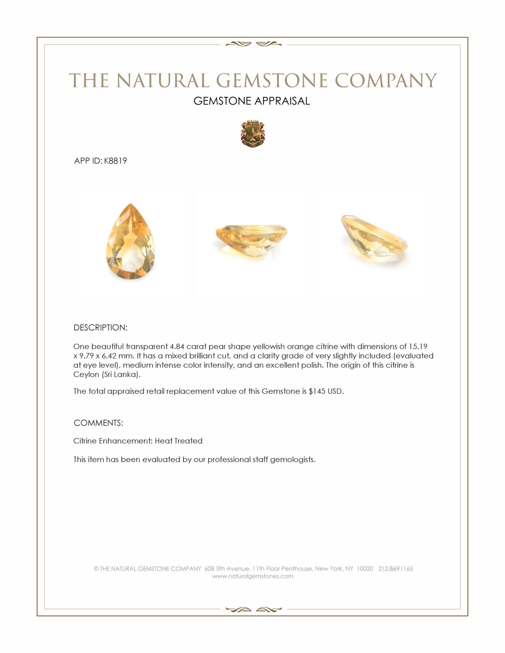 4.84 Ct. Citrine from Ceylon (Sri Lanka)