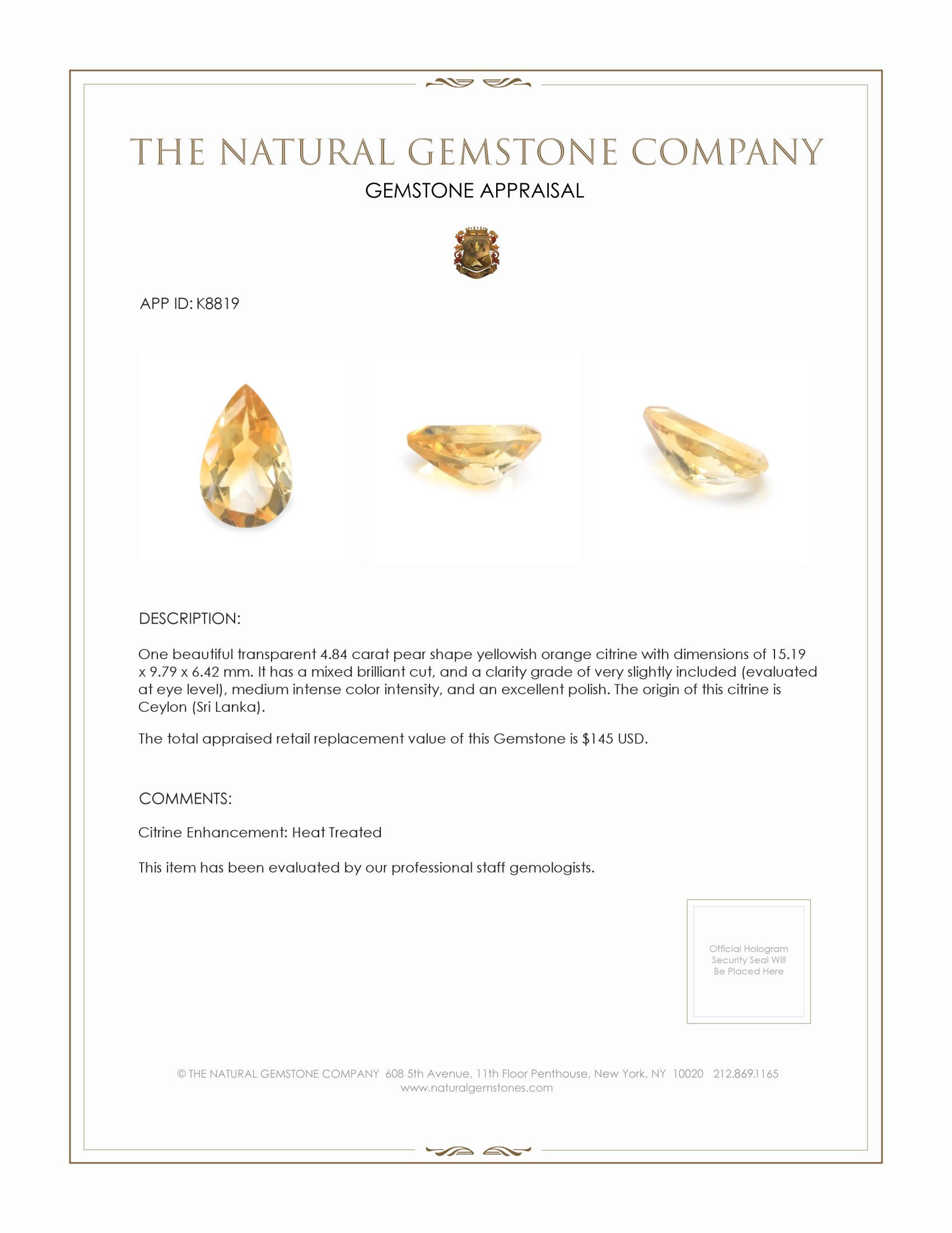 4.84 Ct. Citrine from Ceylon (Sri Lanka)