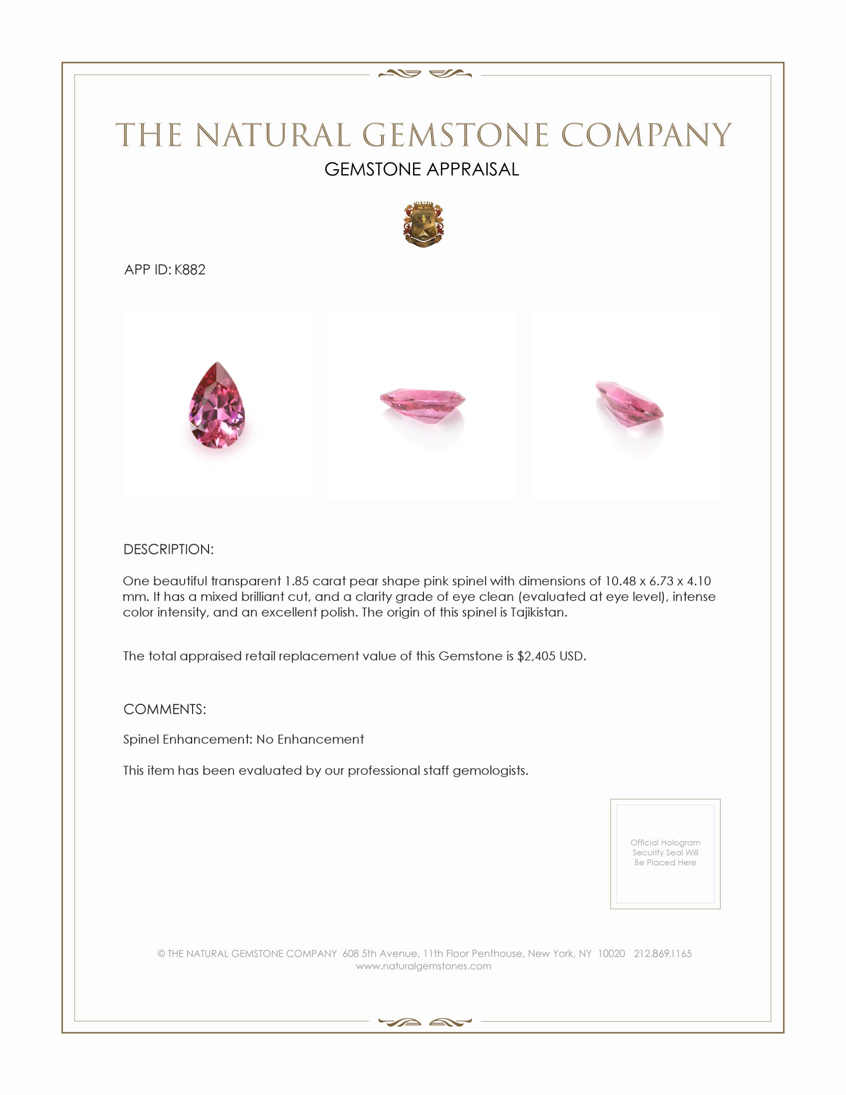 1.85 Ct. Spinel from Tajikistan