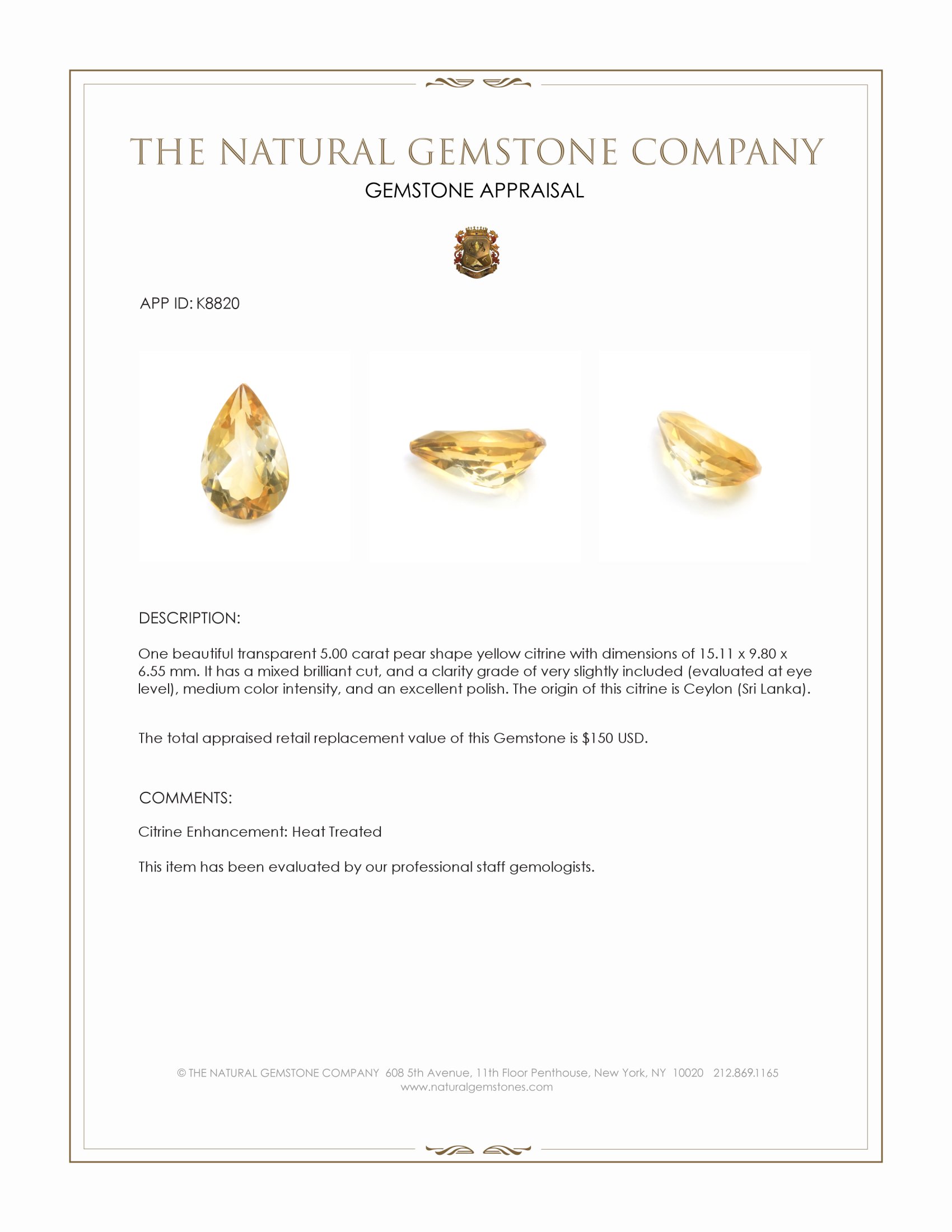 5.00 Ct. Yellow Citrine from Ceylon (Sri Lanka)