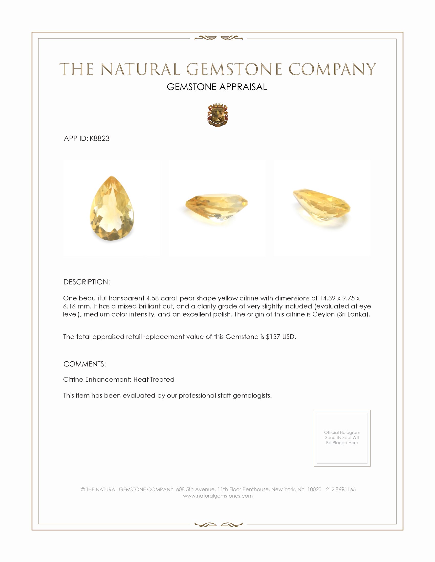 4.58 Ct. Citrine from Ceylon (Sri Lanka)