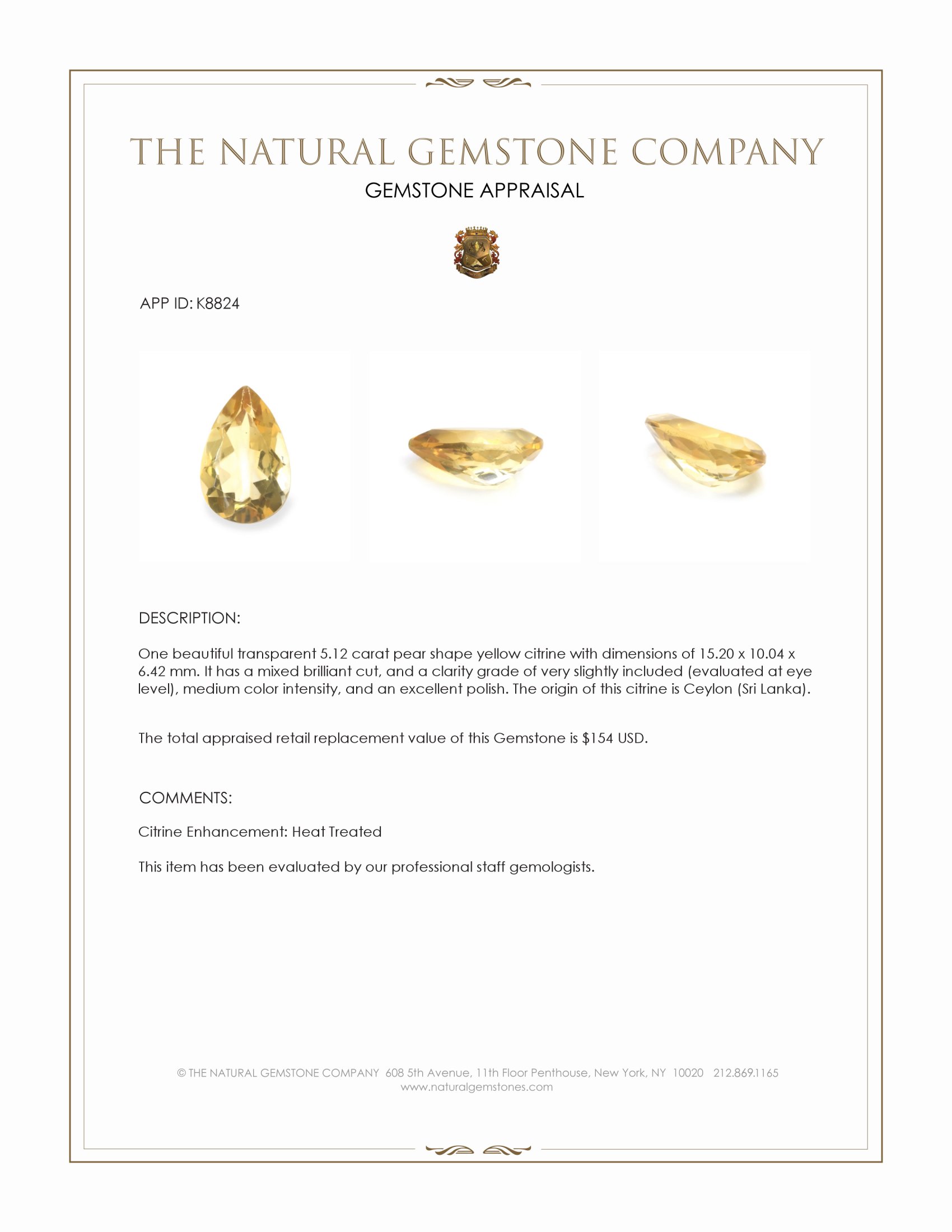 5.12 Ct. Yellow Citrine from Ceylon (Sri Lanka)