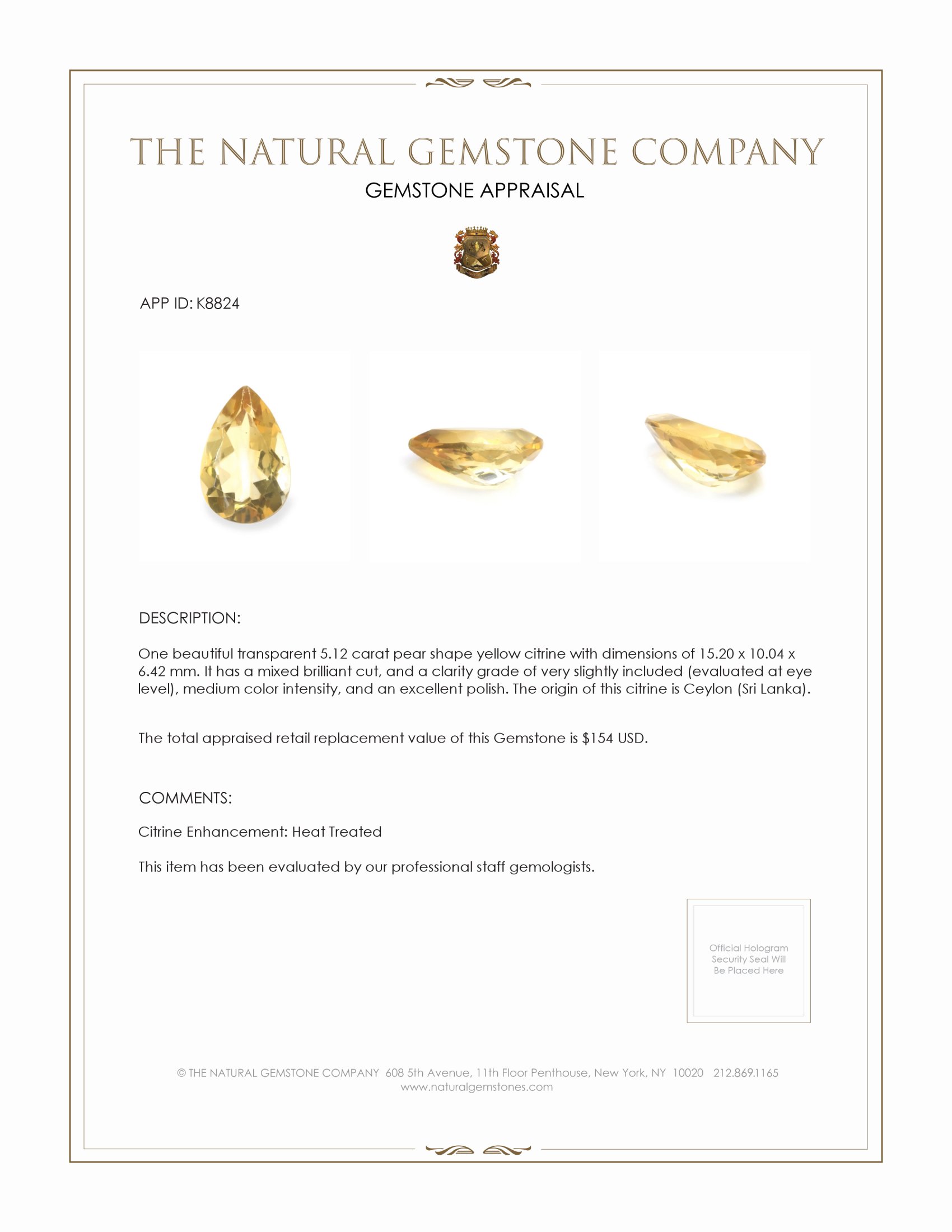 5.12 Ct. Citrine from Ceylon (Sri Lanka)