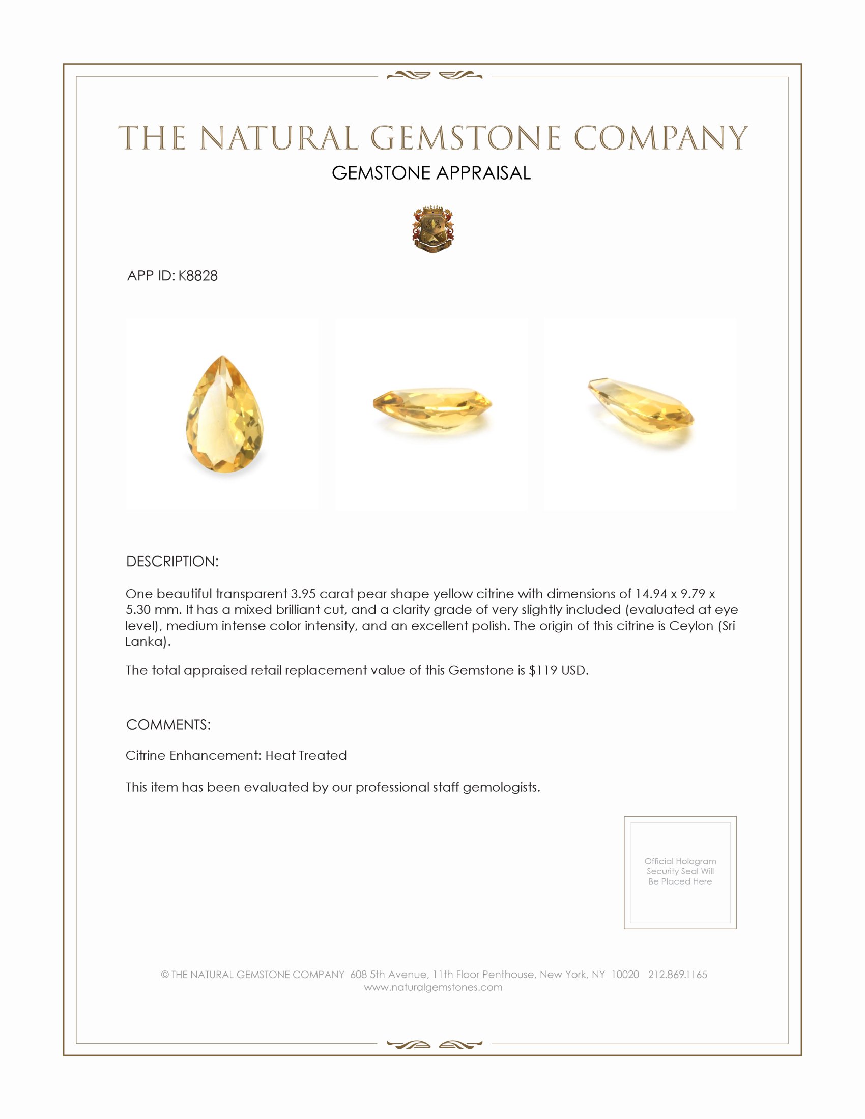 3.95 Ct. Citrine from Ceylon (Sri Lanka)