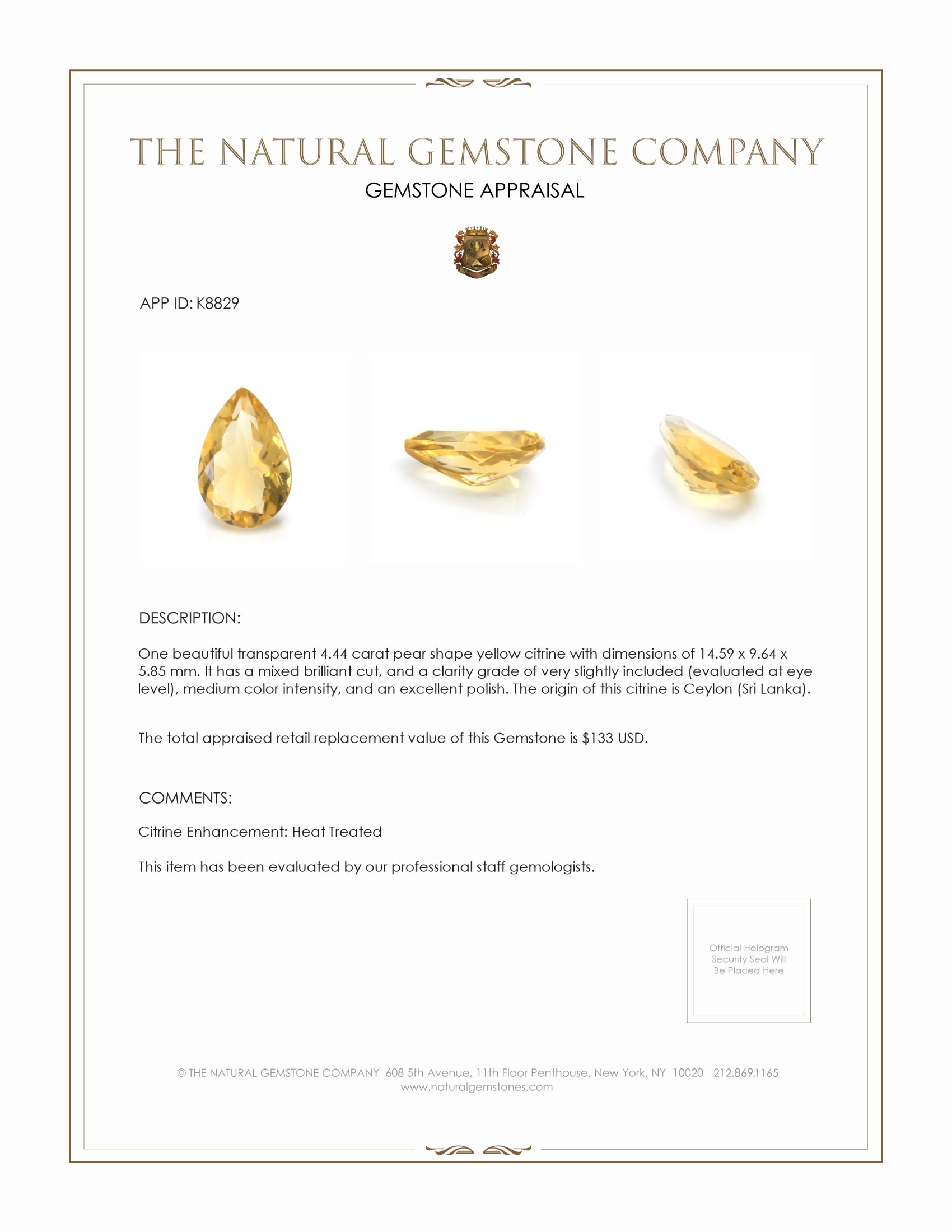 4.44 Ct. Citrine from Ceylon (Sri Lanka)