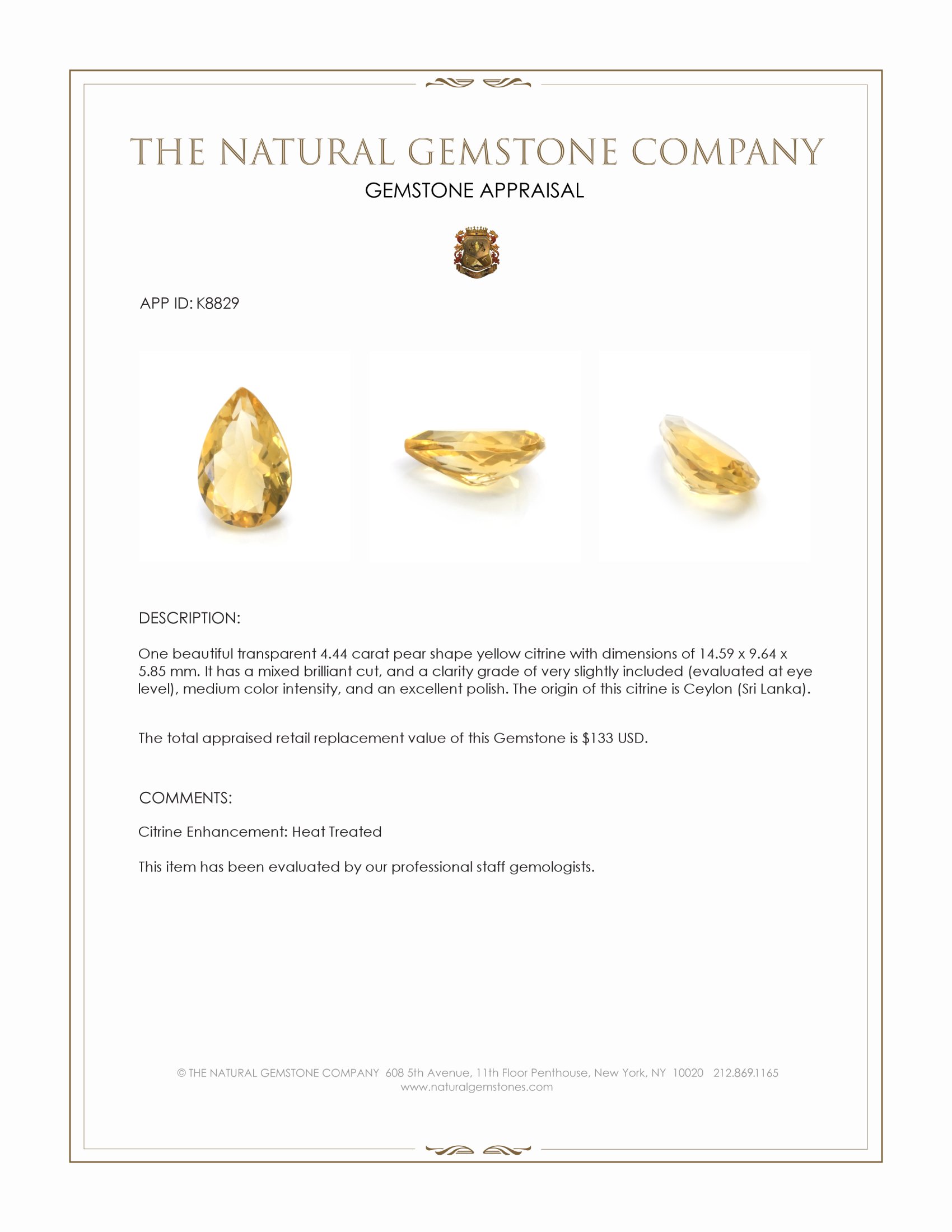 4.44 Ct. Citrine from Ceylon (Sri Lanka)