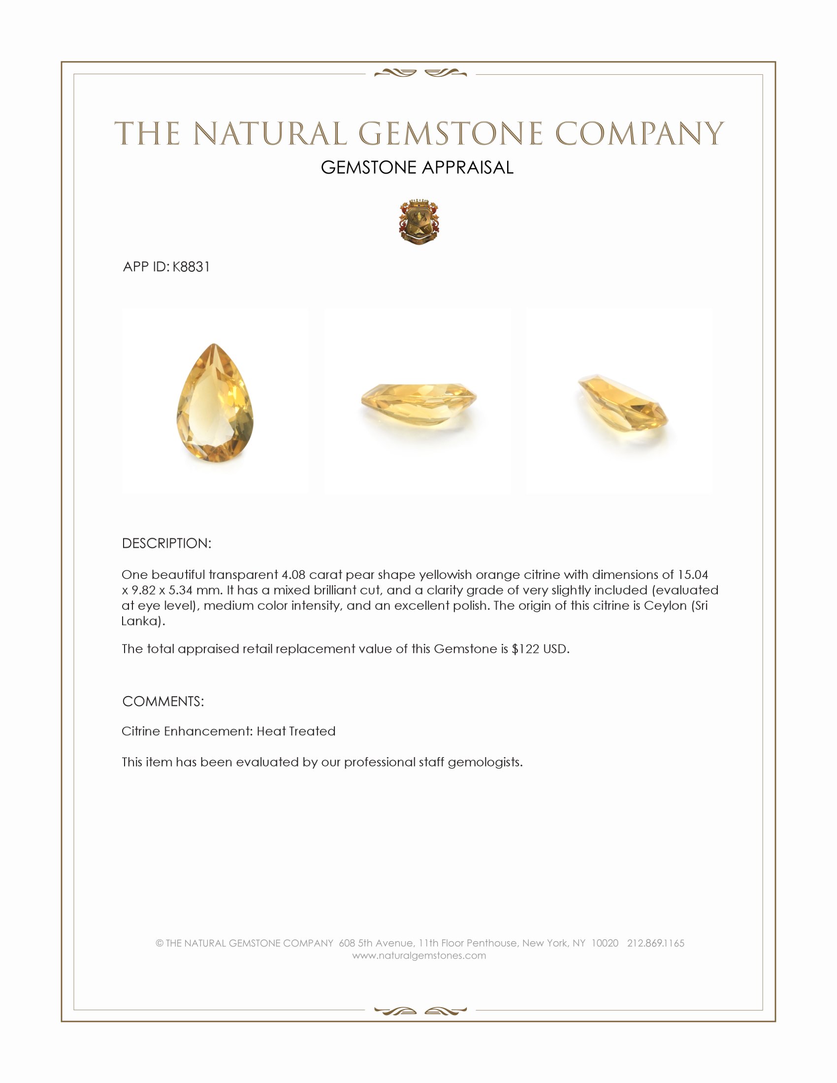 4.08 Ct. Citrine from Ceylon (Sri Lanka)