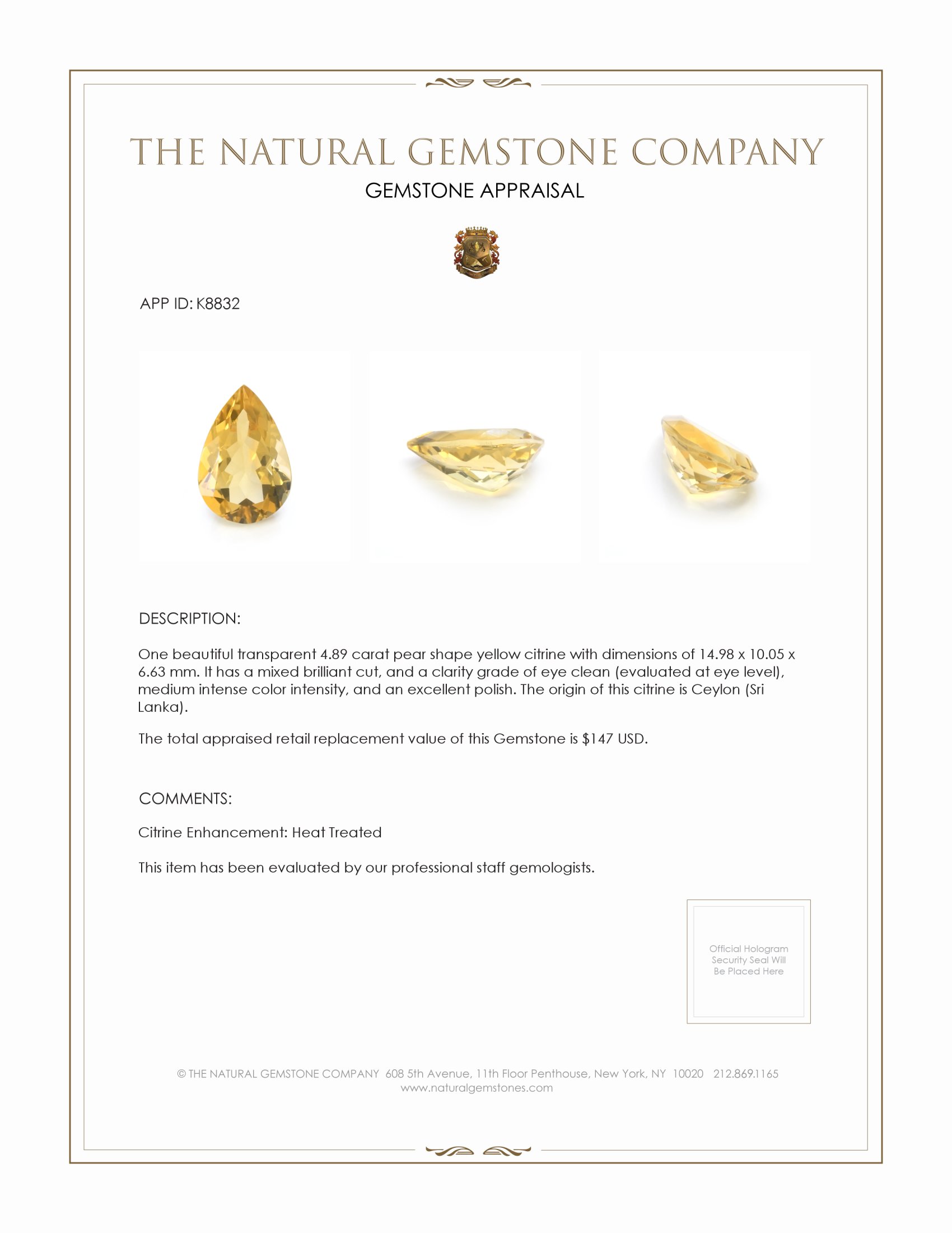 4.89 Ct. Yellow Citrine from Ceylon (Sri Lanka)