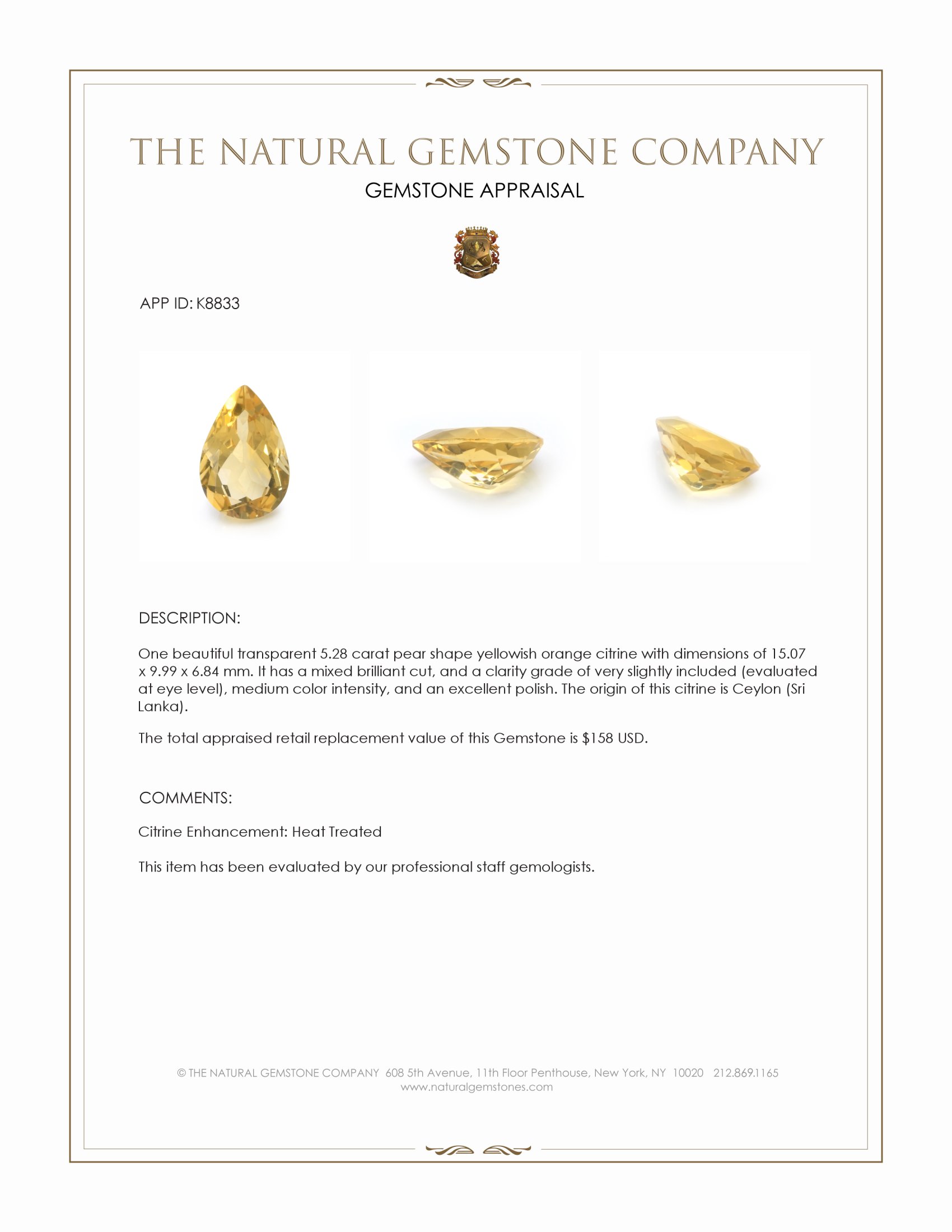 5.28 Ct. Yellowish Orange Citrine from Ceylon (Sri Lanka)