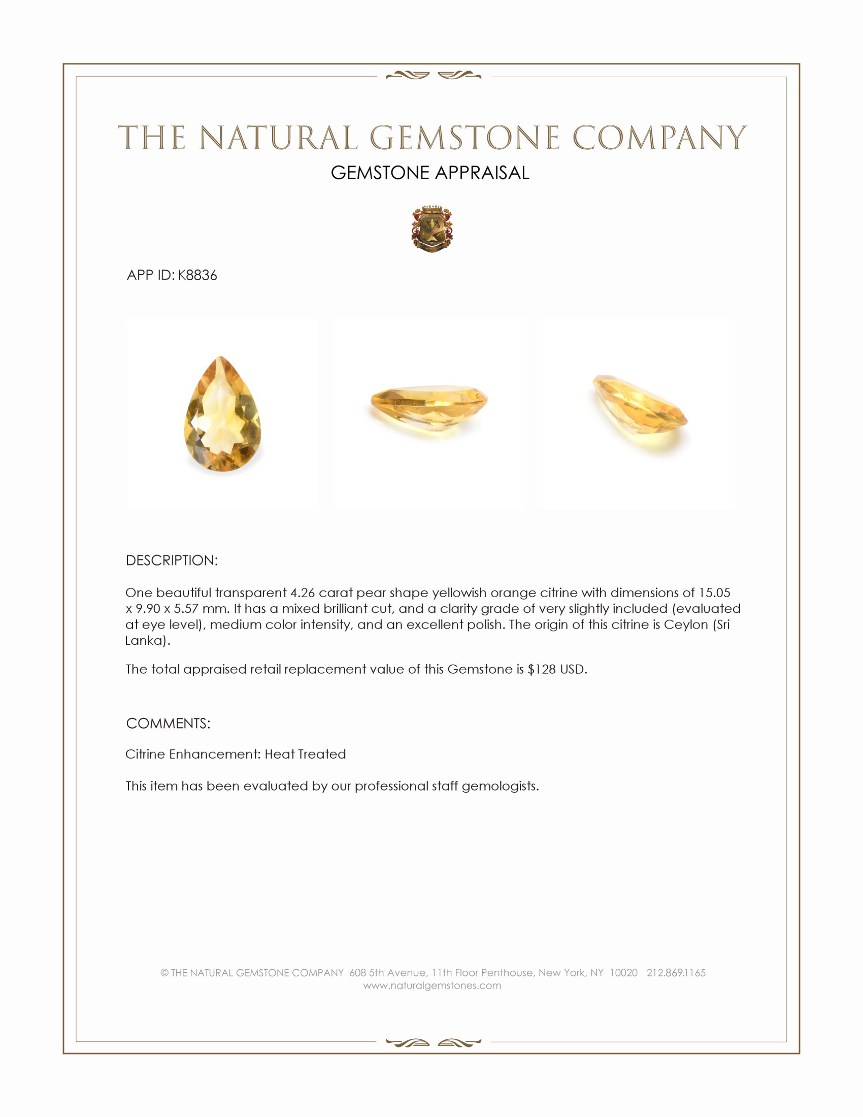 4.26 Ct. Yellowish Orange Citrine from Ceylon (Sri Lanka)