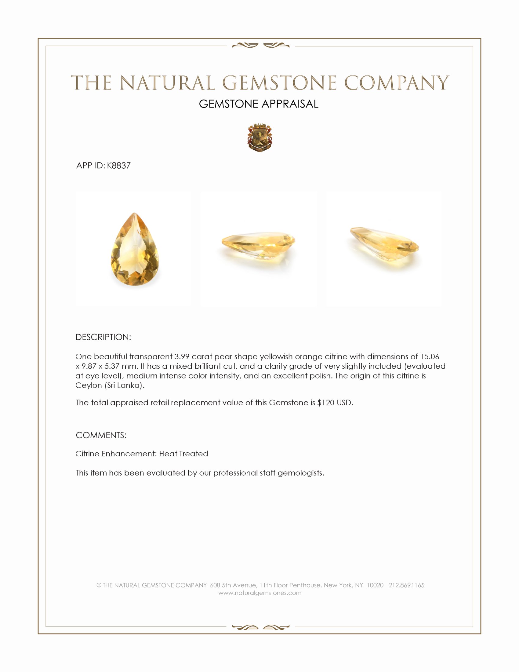 3.99 Ct. Citrine from Ceylon (Sri Lanka)