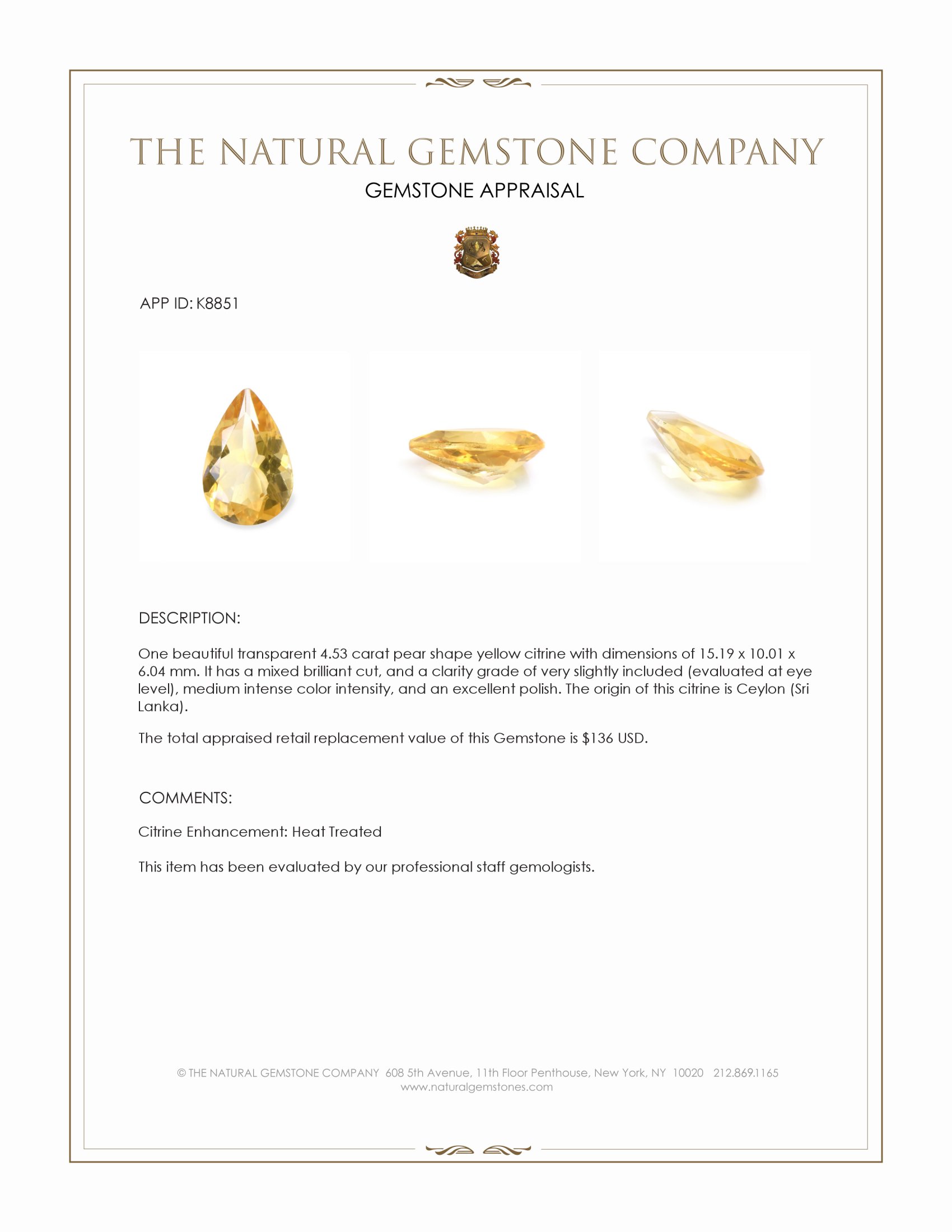 4.53 Ct. Citrine from Ceylon (Sri Lanka)