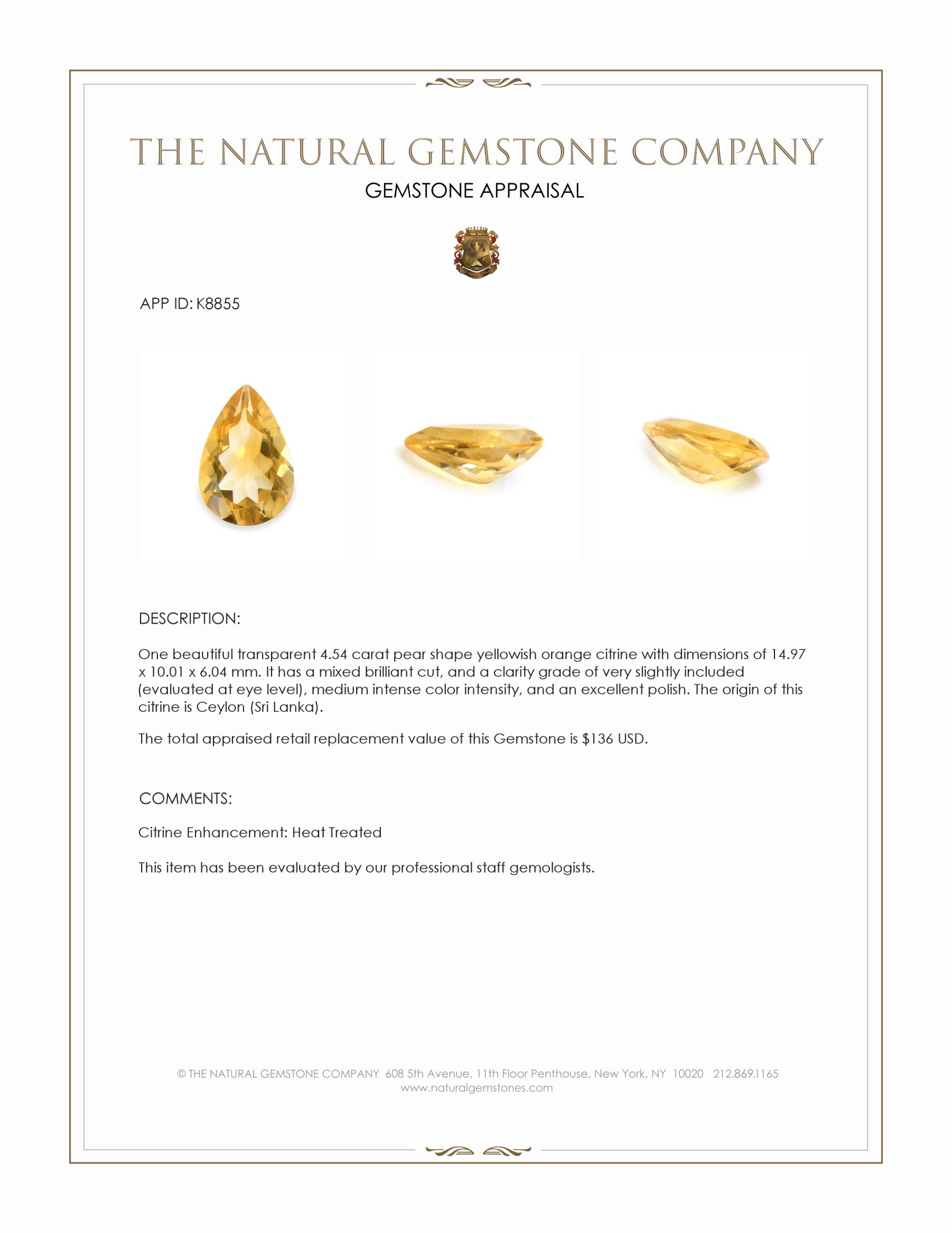 4.54 Ct. Citrine from Ceylon (Sri Lanka)