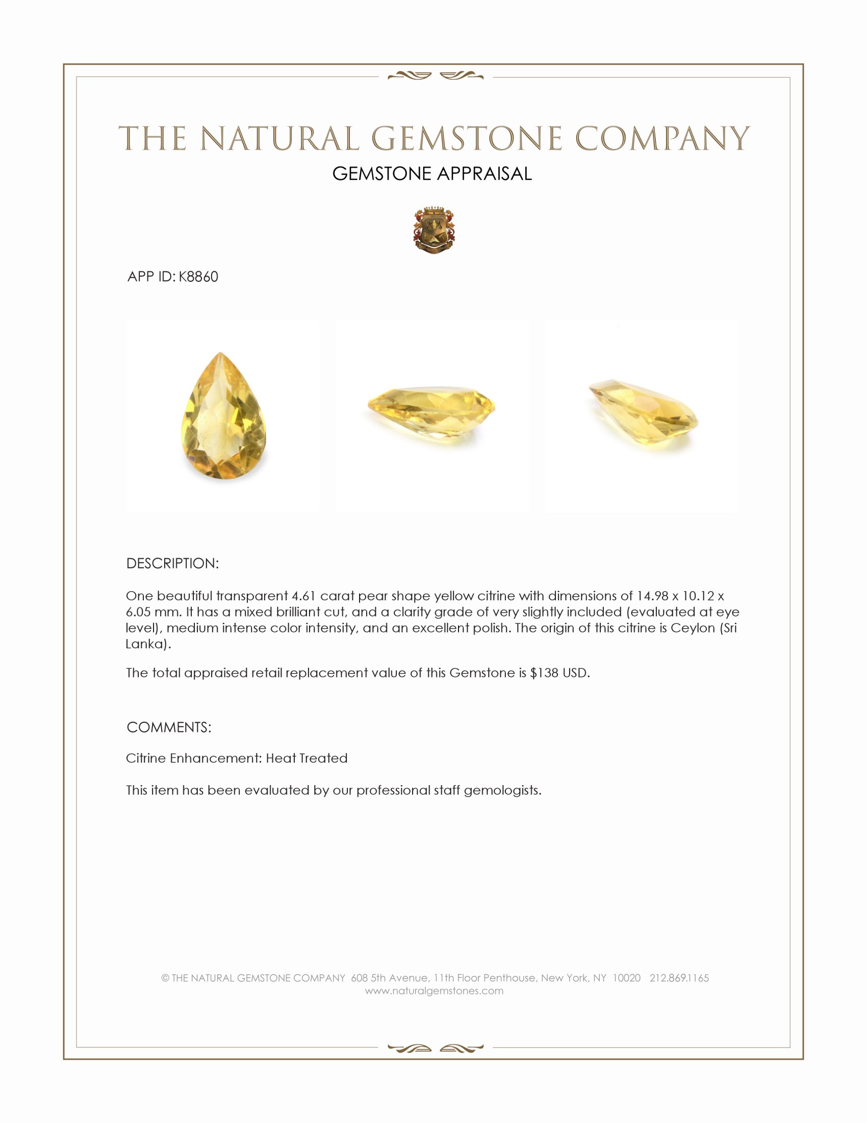 4.61 Ct. Yellow Citrine from Ceylon (Sri Lanka)