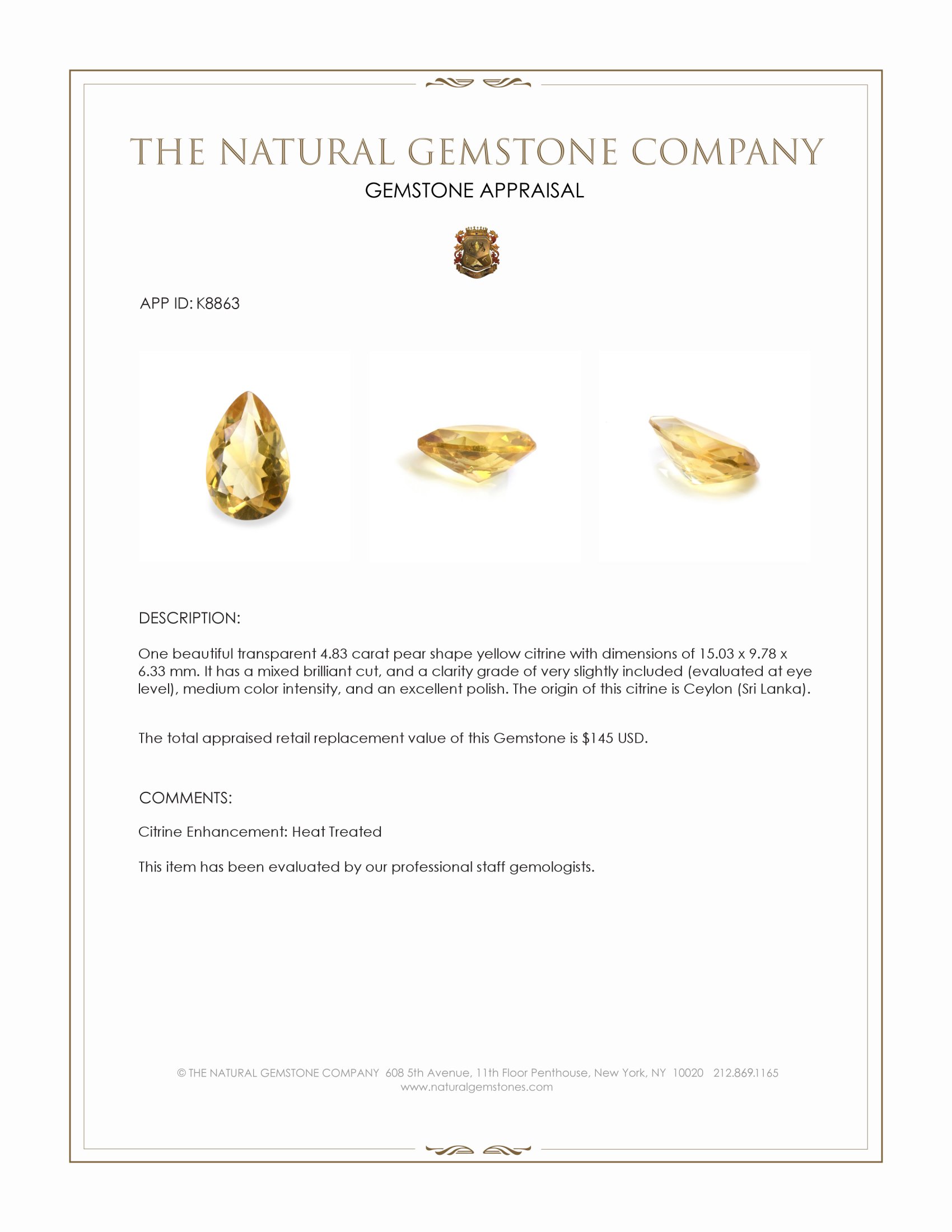 4.83 Ct. Yellow Citrine from Ceylon (Sri Lanka)