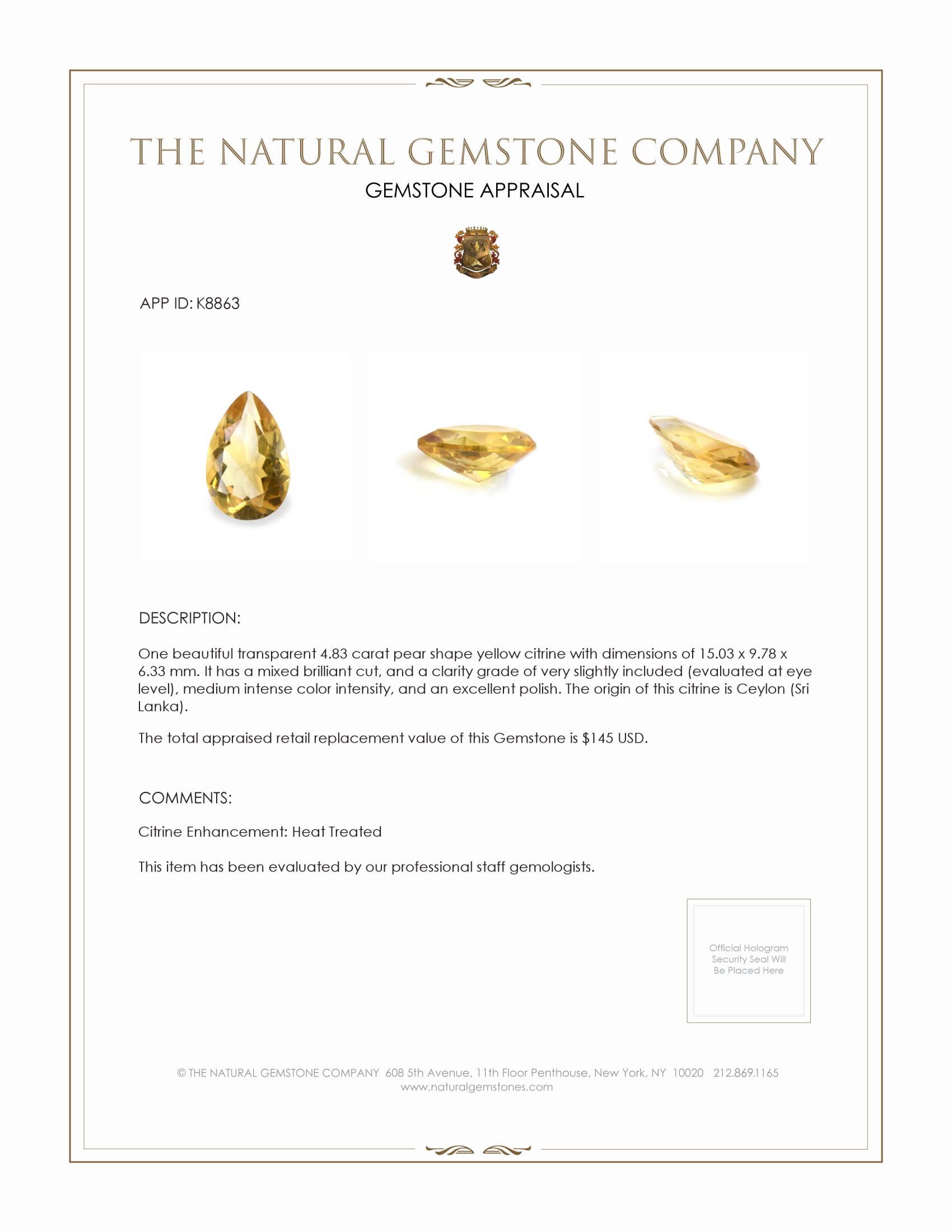 4.83 Ct. Citrine from Ceylon (Sri Lanka)