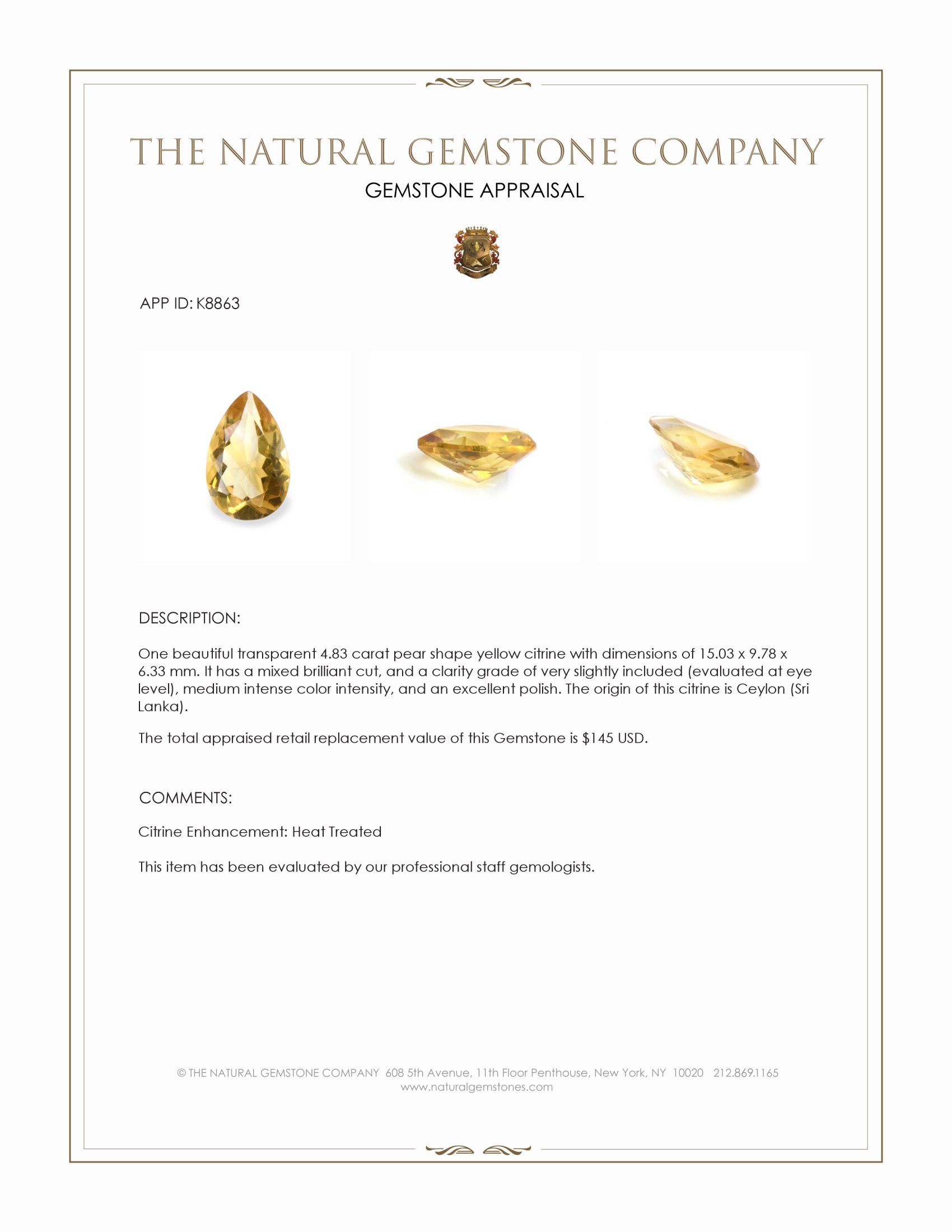 4.83 Ct. Citrine from Ceylon (Sri Lanka)