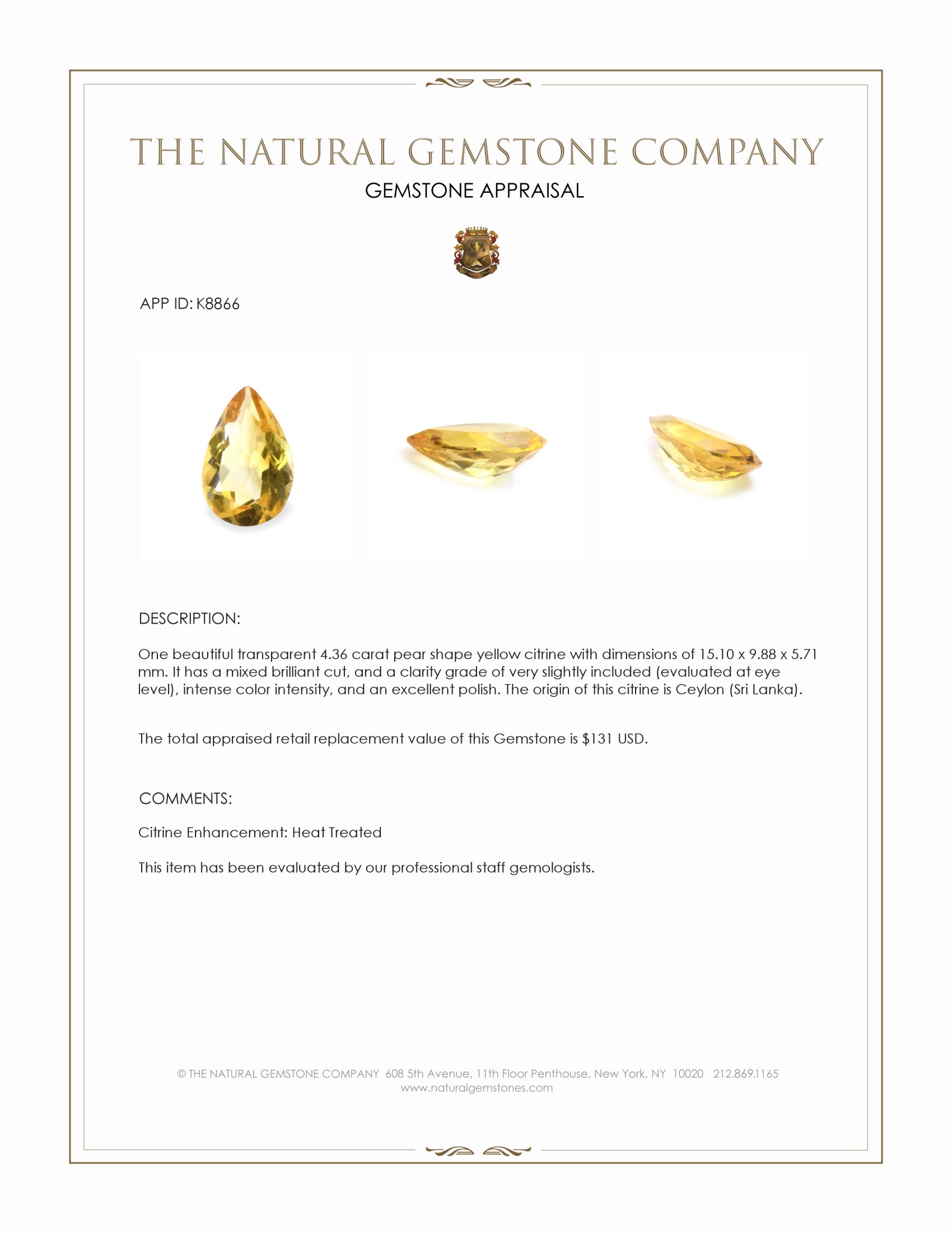 4.36 Ct. Yellow Citrine from Ceylon (Sri Lanka)