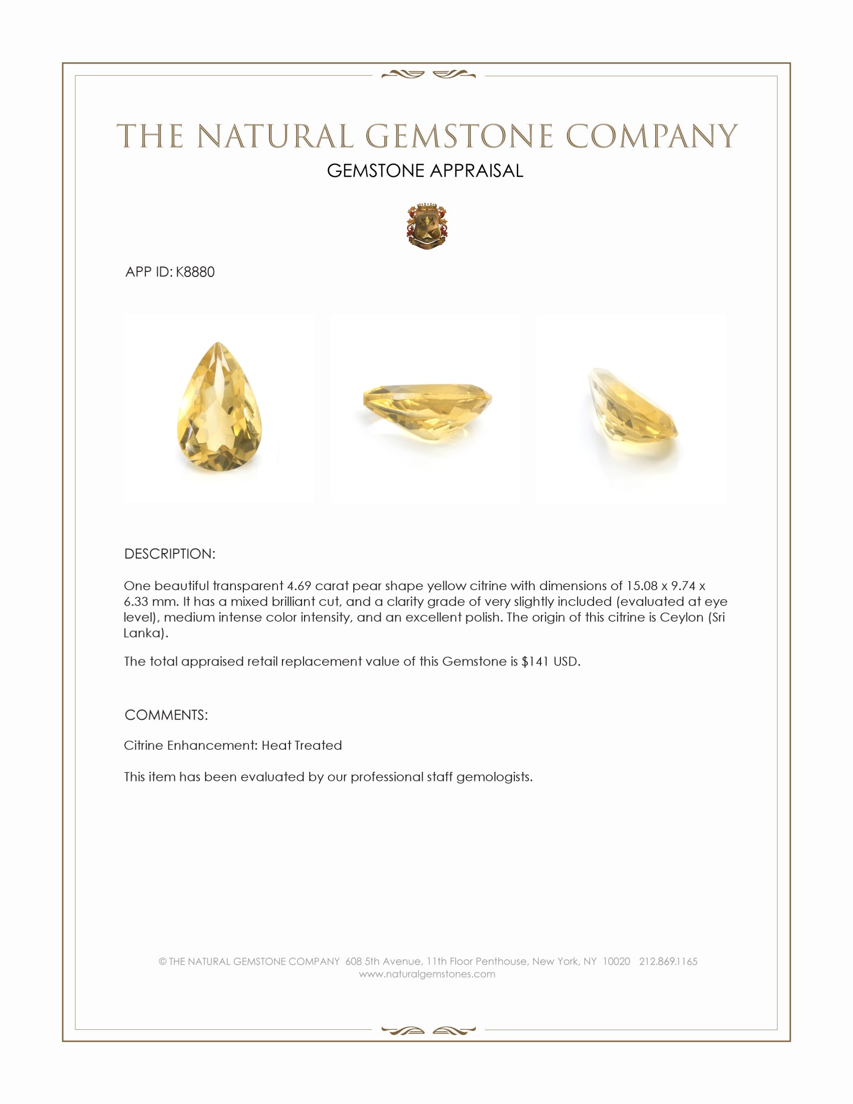 4.69 Ct. Citrine from Ceylon (Sri Lanka)