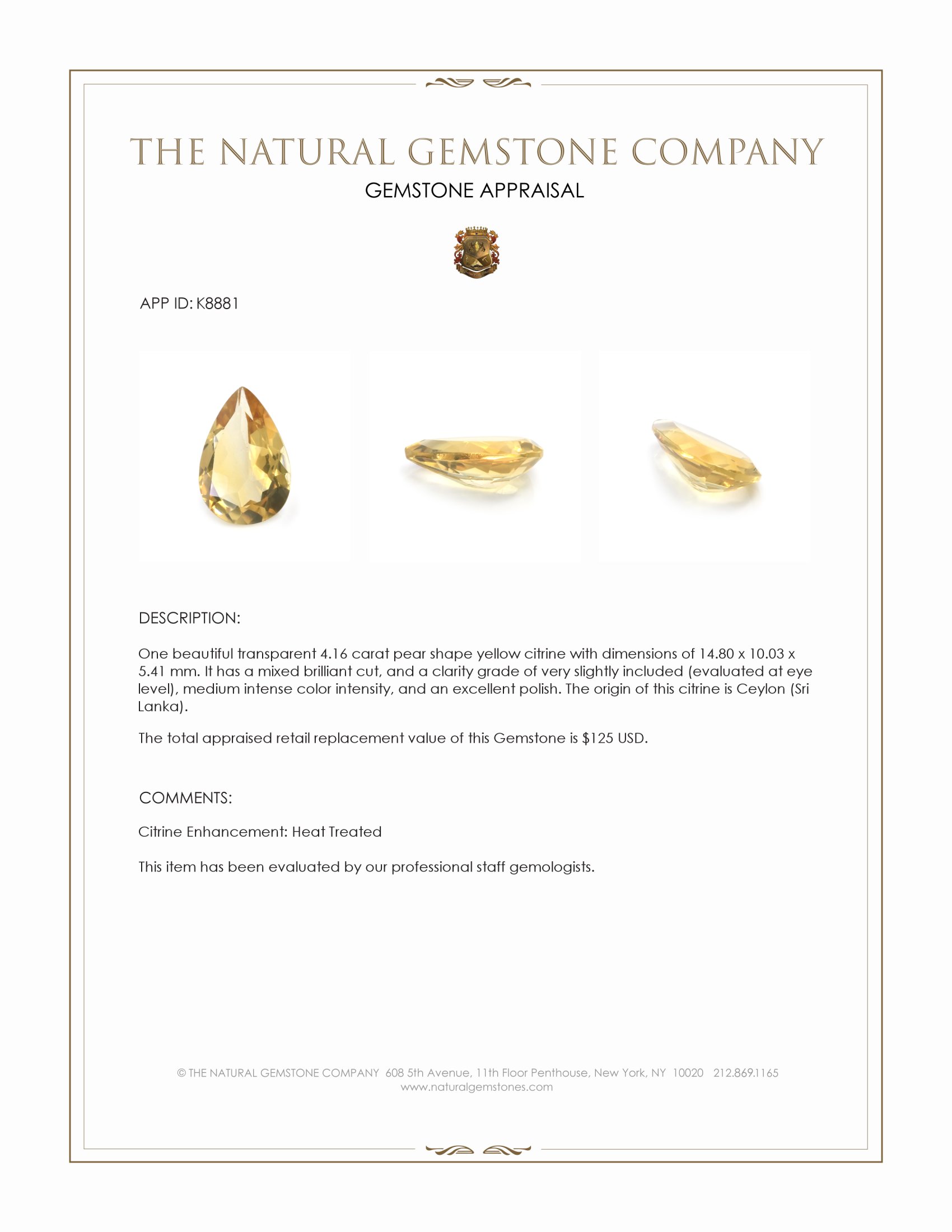 4.16 Ct. Citrine from Ceylon (Sri Lanka)