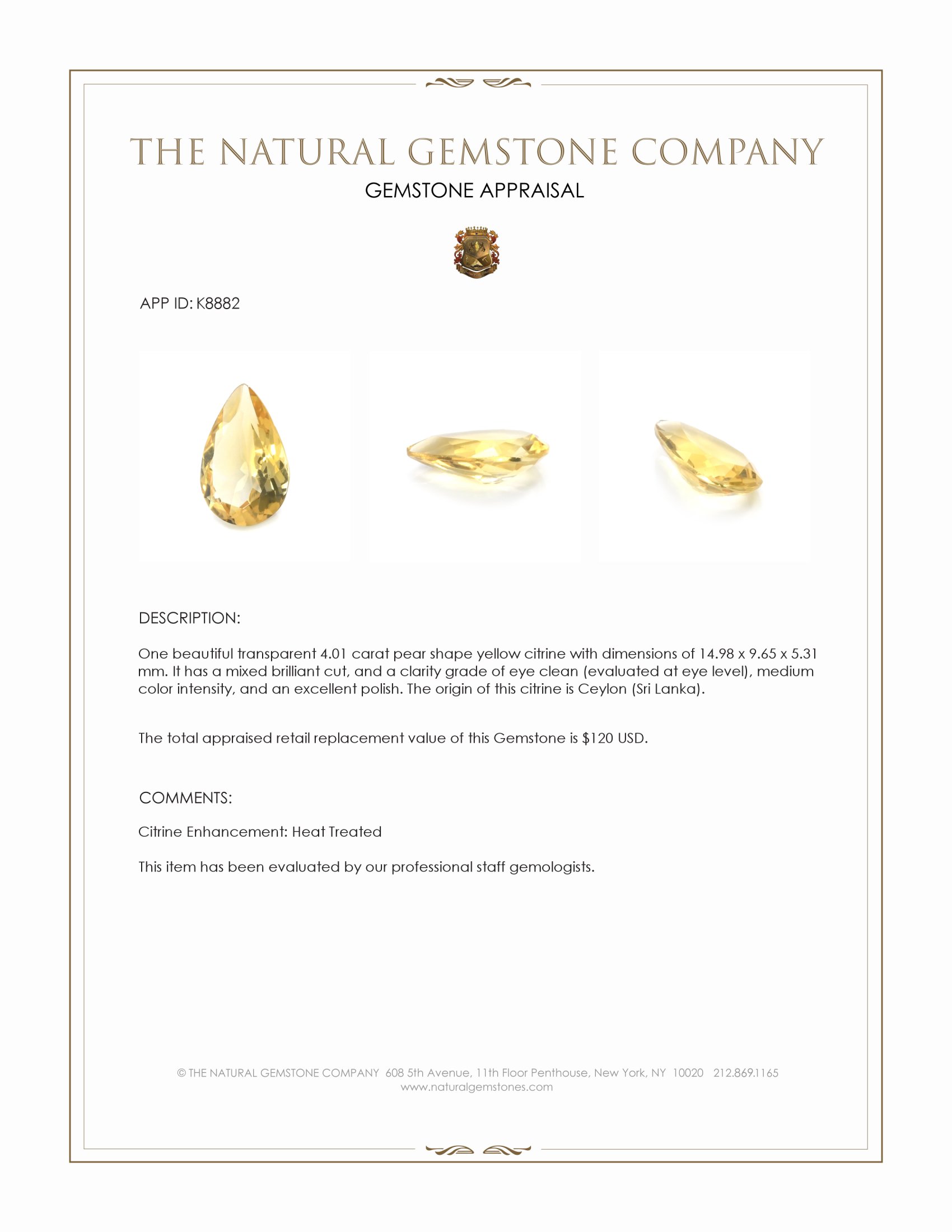 4.01 Ct. Citrine from Ceylon (Sri Lanka)