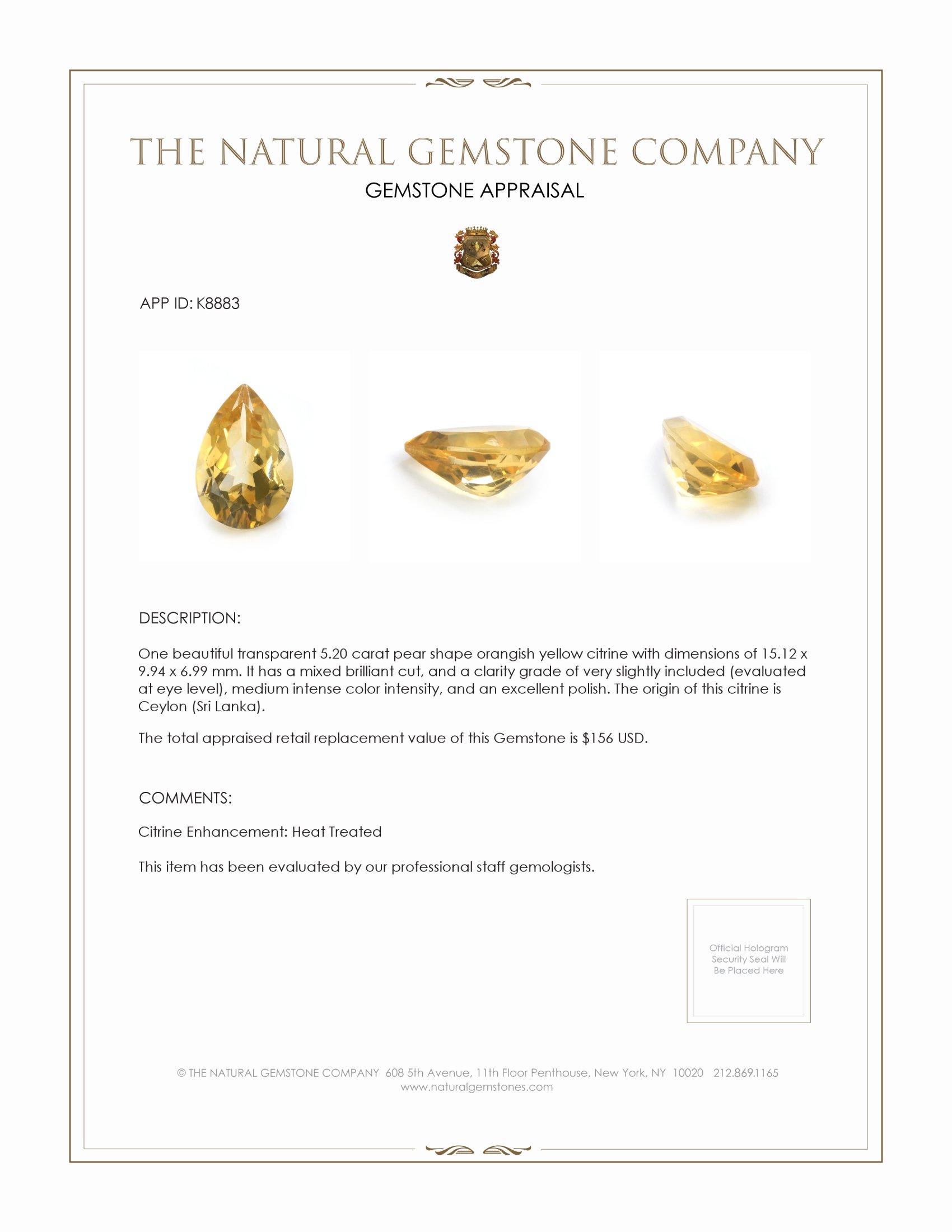 5.20 Ct. Citrine from Ceylon (Sri Lanka)